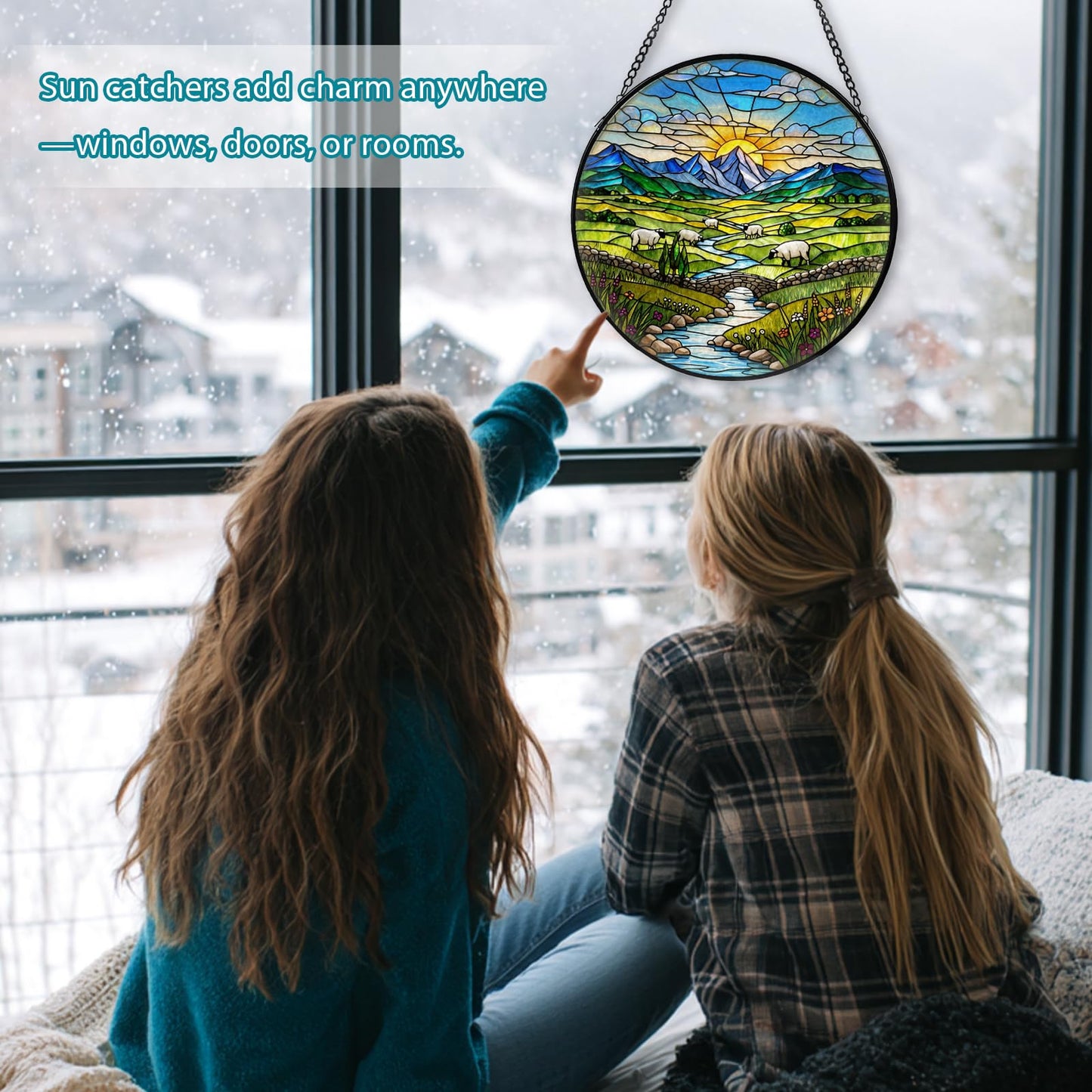 Green Irish Hills Stained Glass Window Hanging, Suncatcher for Window Hanging, Sun Catchers Indoor Windows Wall Art for Nature Lovers, Suncatcher for Home Garden Office 7.87 inches