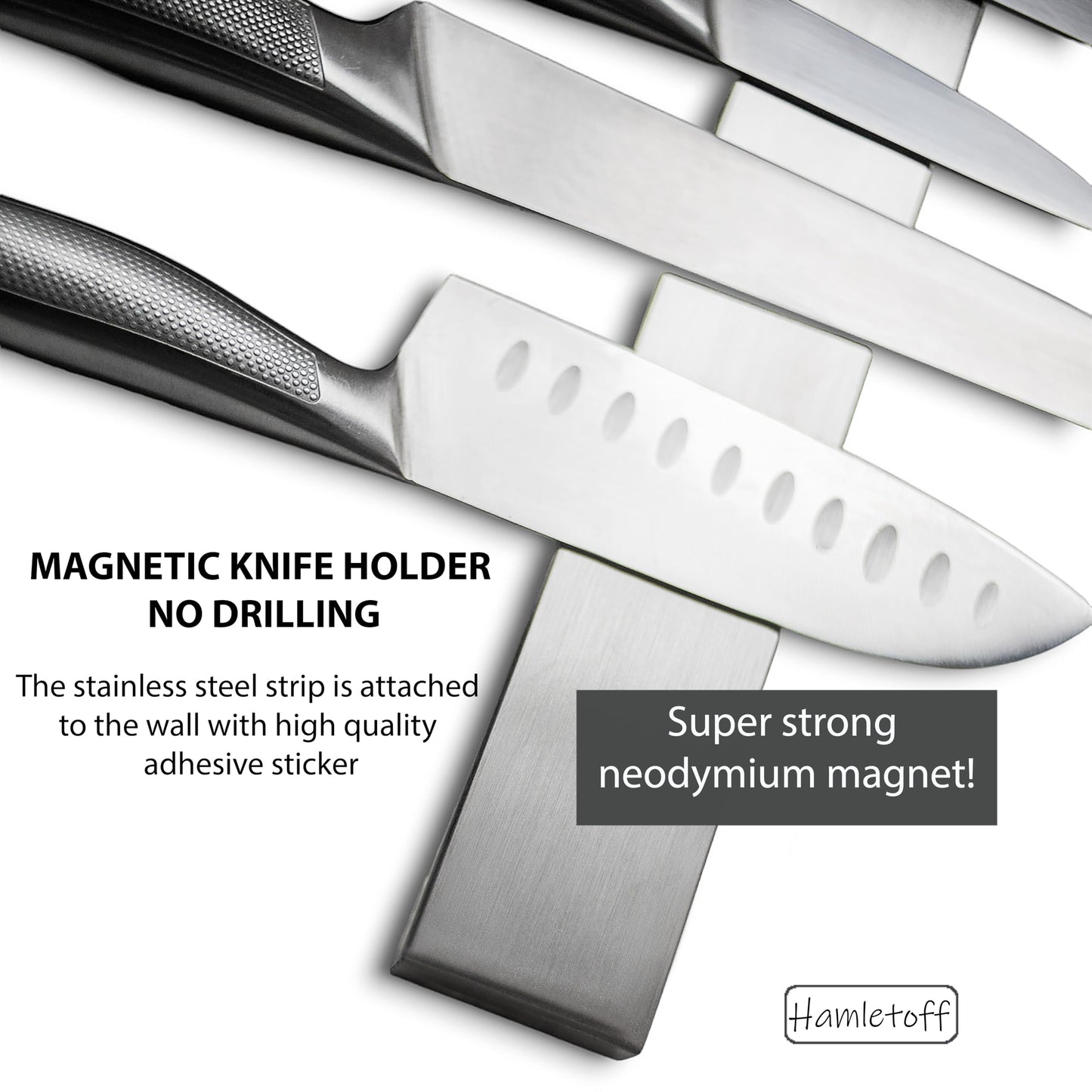 Hamletoff Premium Magnetic Knife Strip for Wall no Drilling – 12 Inch Stainless Steel Magnetic Knife Holder with Neodymium Magnet Strong Adhesive Tape - Lightweight Kitchen Magnet Knife Bar