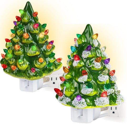 Dazzle Bright 2 Pack Ceramic Christmas Tree Night Light, UL Certified Nightlight Plug in, Vintage Christmas Decorations Indoor, Room Home Decor and Accessories, Night Light for Kids/Adults