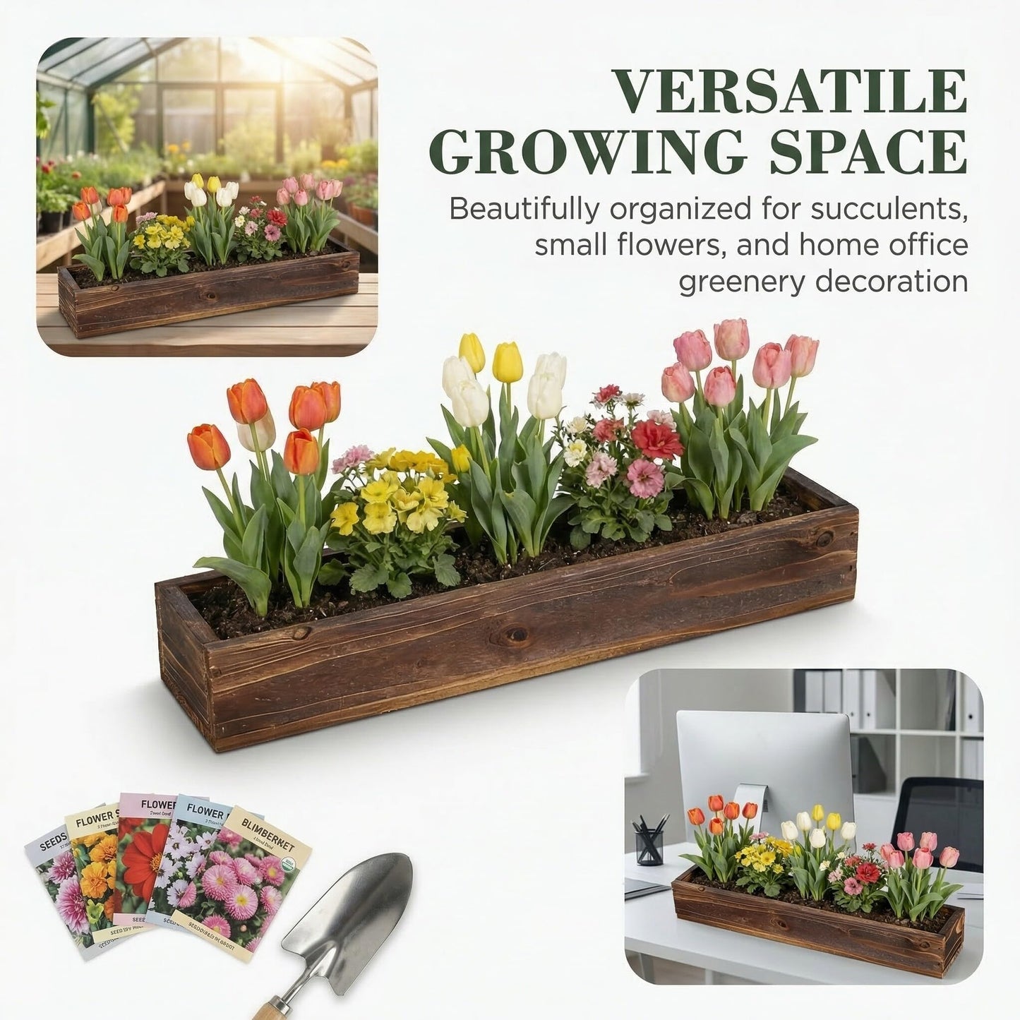 Sewroro Wooden Succulent Flower Box Planter for Indoor and Outdoor Use, Carbonized Wood Window Planter with Drainage Hole, Rectangular Rustic Flower Pot for Balcony Garden