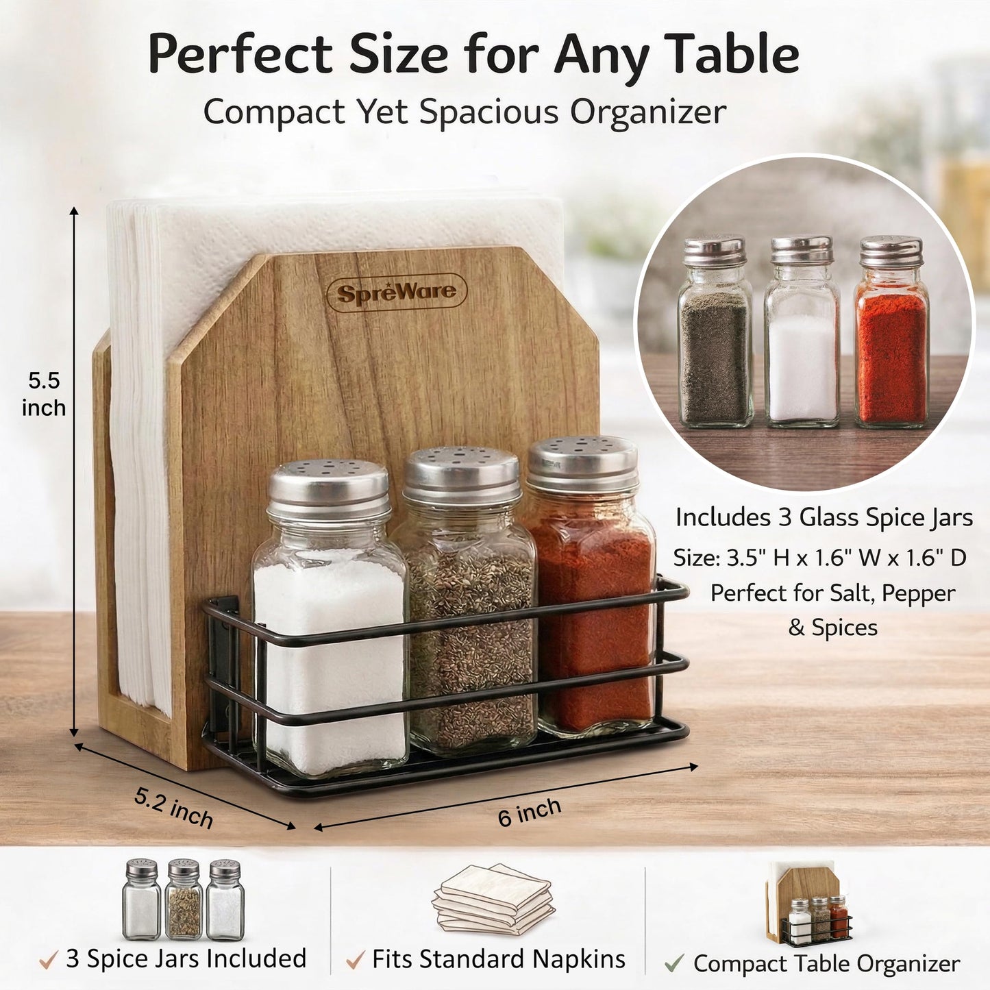 SPREWARE Acacia Wood Napkin Holder with 3 Salt & Pepper Shakers, Rustic Tabletop Napkin and Condiment Caddy, EVA Anti‑Slip Base, Holds 80 Standard Napkins – Grateful Thankful Blessed Design