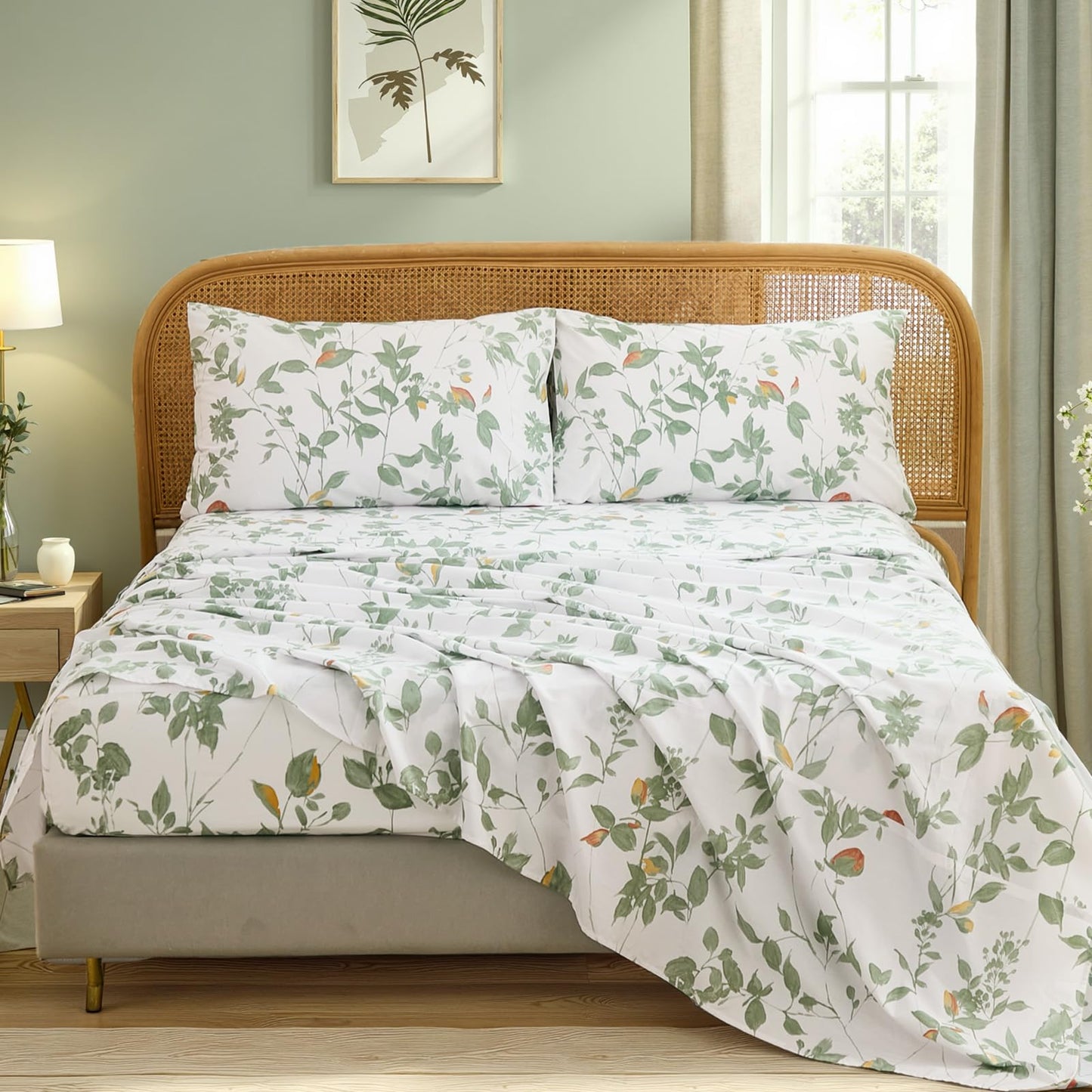 Cozaline 100% Cotton Sheets Set King Size – 4 Pieces Luxury Breathable Percale Cotton Bedding with Deep Pockets, Crisp Cool Feeling, Soft&Durable, Refined Botanical Elegance, Green Floral Bed Sheets
