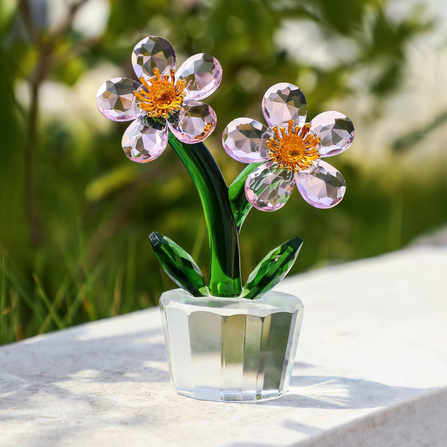 KRISININE Pink Crystal Peach Blossom Flower Figurine 3.9‘’*2.9‘’ Elegant Tabletop Flower Ornament Collectible Home Decor Centerpiece