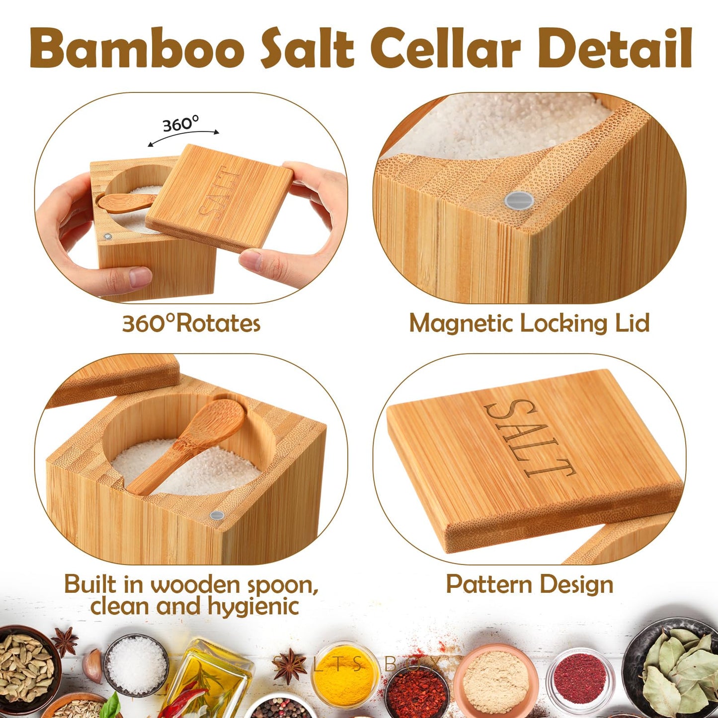 Honeydak Bamboo Salt Cellar Bamboo Storage Box with Magnetic Swivel Lid Wooden Spoon Wood Spice Storage Box Salt Container for Kitchen, 6 oz
