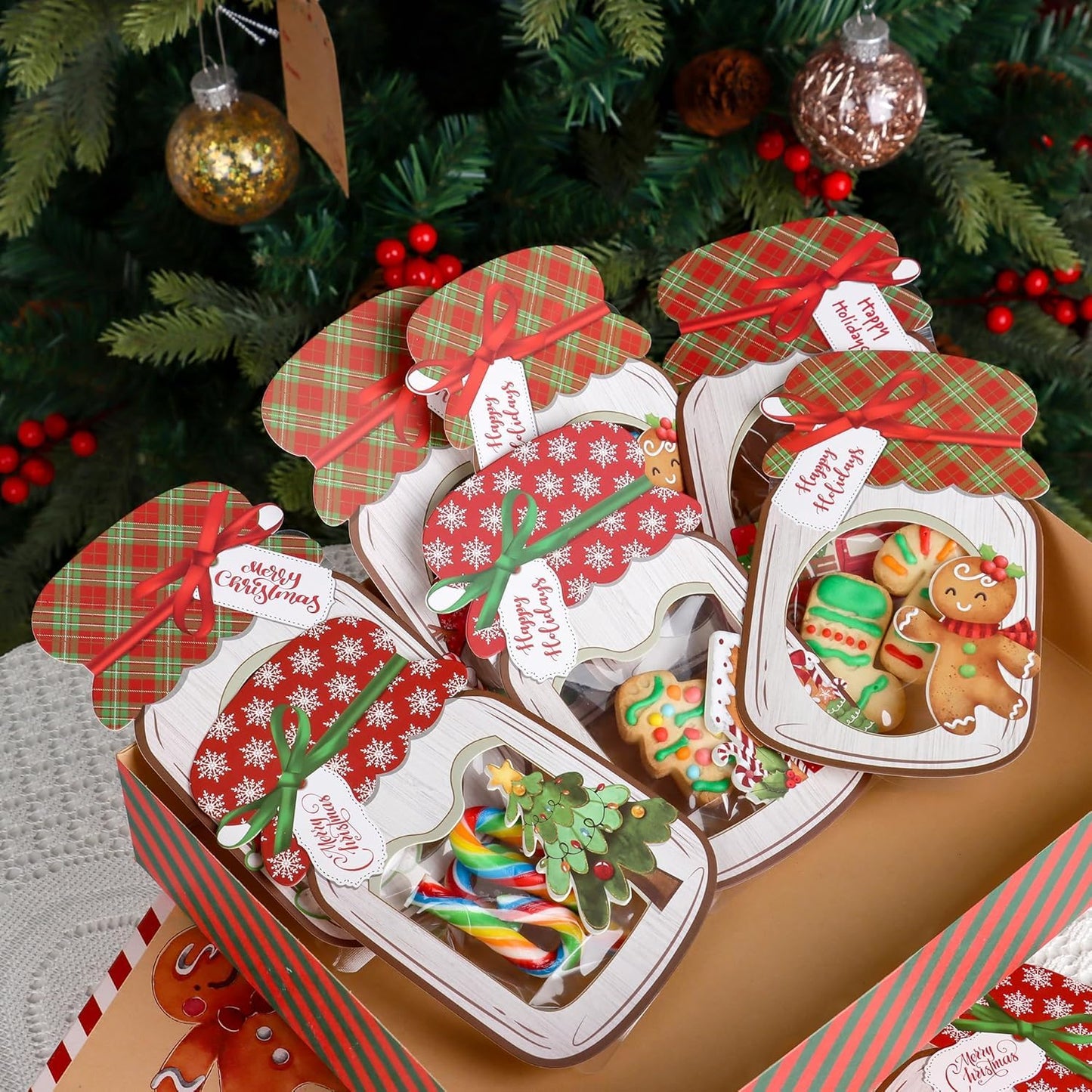 Giiffu Christmas Treat Bags with Cards 48-Pack, Mason Jar Goodie Bag for Kids, DIY Candy Holder for School Classroom Gift Exchange, Bulk Party Favors & Stocking Stuffers
