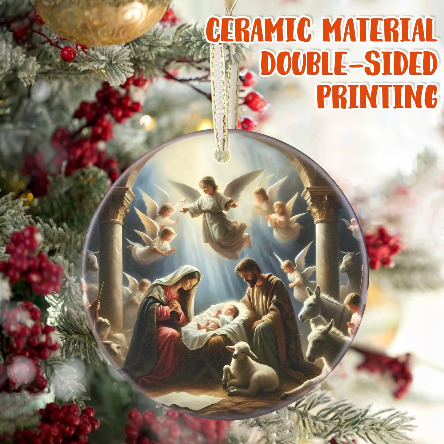 Nativity Christmas Decorations, 3.5 Inch Ceramic Religious Christmas Ornament, Christmas Tree Ornaments, Christian Gifts for Kids, Religious Gifts for Women, Xmas Gifts for Mom, Merry