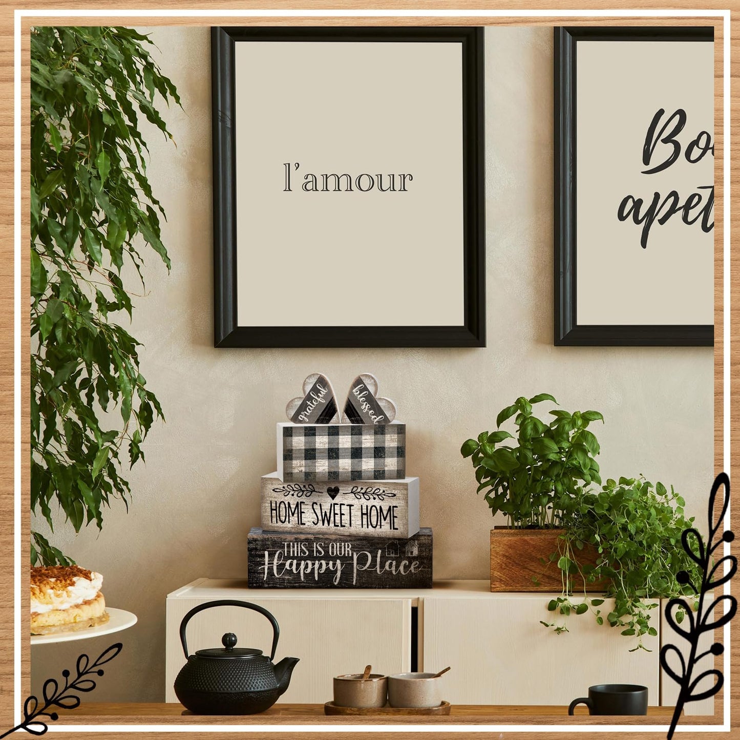 Moucuny 4 Pcs Farmhouse Kitchen Decor Black and White Farmhouse Tiered Tray Decor Home Sweet Home Centerpiece Wooden Heart Rustic Valentines Day Block Sign for Kitchen Shelf Valentines Gift Decoration