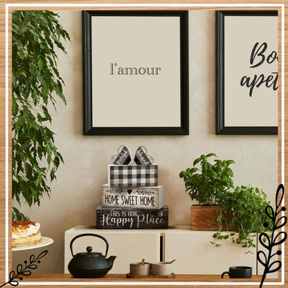 Moucuny 4 Pcs Farmhouse Kitchen Decor Black and White Farmhouse Tiered Tray Decor Home Sweet Home Centerpiece Wooden Heart Rustic Valentines Day Block Sign for Kitchen Shelf Valentines Gift Decoration