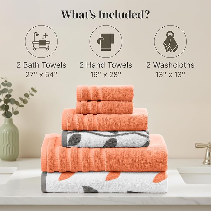 Modern Threads Organic Vines 6-Piece 100% Cotton Towel Set – Yarn Dyed Jacquard