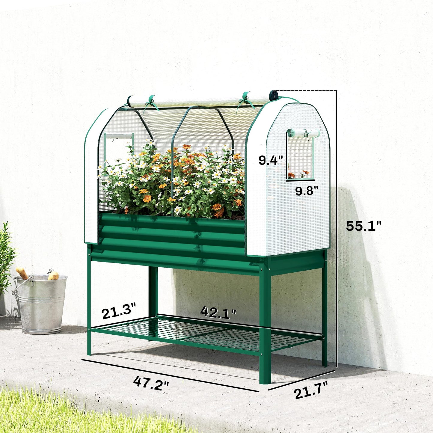 Outsunny Galvanised Raised Garden Bed with Greenhouse Cover, Metal Elevated Garden Bed with Legs, Bed Liner and Bottom Shelf, Outdoor Raised Planter Box for Vegetables, Herbs, Flowers, Green