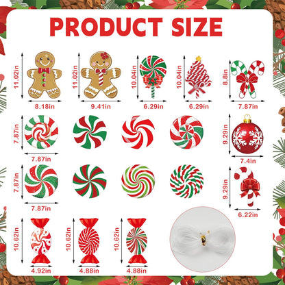 18 Pcs Gingerbread Christmas Ornaments, Candy Gingerbread & Peppermint Yard Signs, Outdoor Xmas Hanging Ornaments for Lawn, Festive Winter Party Supplies