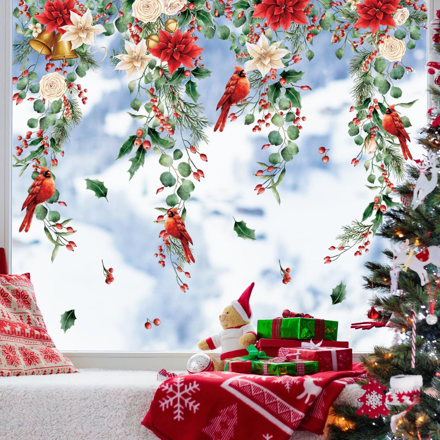 Whaline 9 Sheets Christmas Floral Window Cling Stickers Hanging Poinsettia Flowers Eucalyptus Leaves Reusable Window Decals for Xmas Winter Party Home Office Classroom Decoration