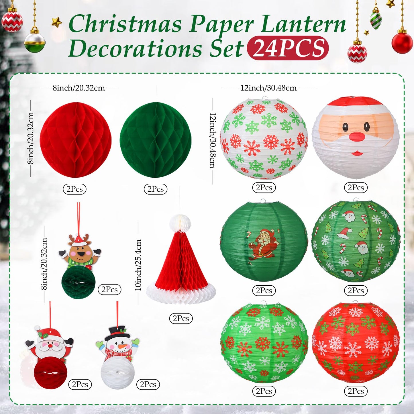Gersoniel 24 Pcs Christmas Hanging Paper Lanterns Party Decorations Red and Green Christmas Lanterns Garland Set Honeycomb Santa Hat 3D Snowman Reindeer Holiday Xmas Ornaments Home Winter Party Decor