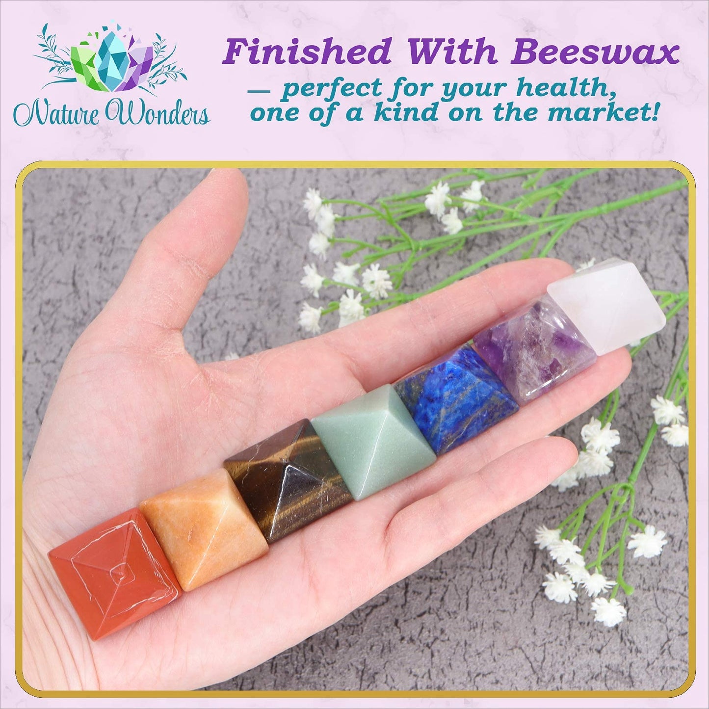 NatureWonders All Natural 7 Chakra Stone Set (Pyramid) with Engraved Symbols (Gift Box, Information Brochure & Pouch) - Healing Crystals, Balancing, Tumbled Palm Stone, Touchstone, Meditation