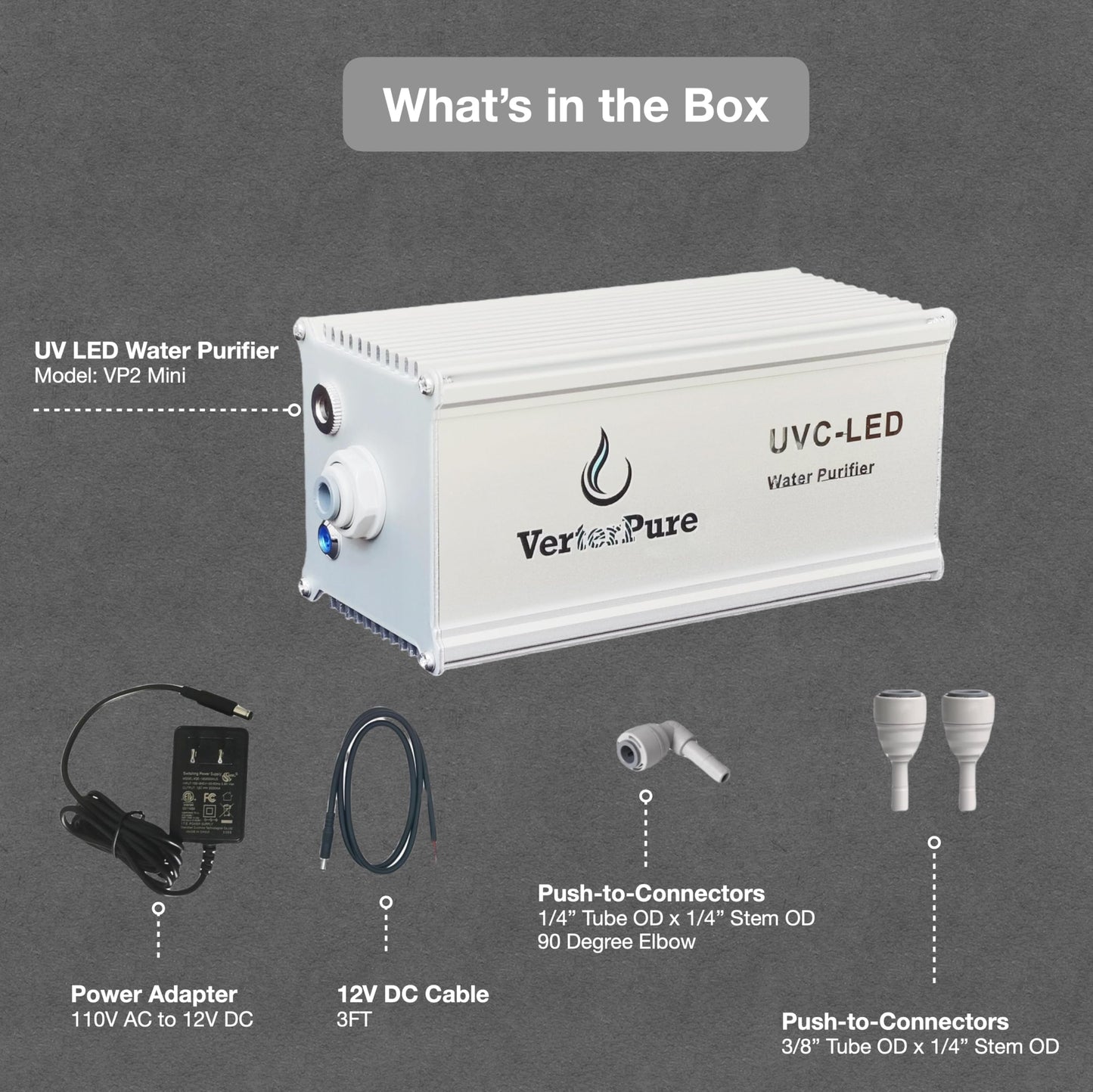VerterPure VP2 Mini UV-C LED Ultraviolet Water Filter Purifier, Reduce up to 99.99% of Contaminants at Flow Rate 0.52GPM, Smart On/Off Switch, 12V DC for RV Boats Off-Grid Livings, Mercury Free