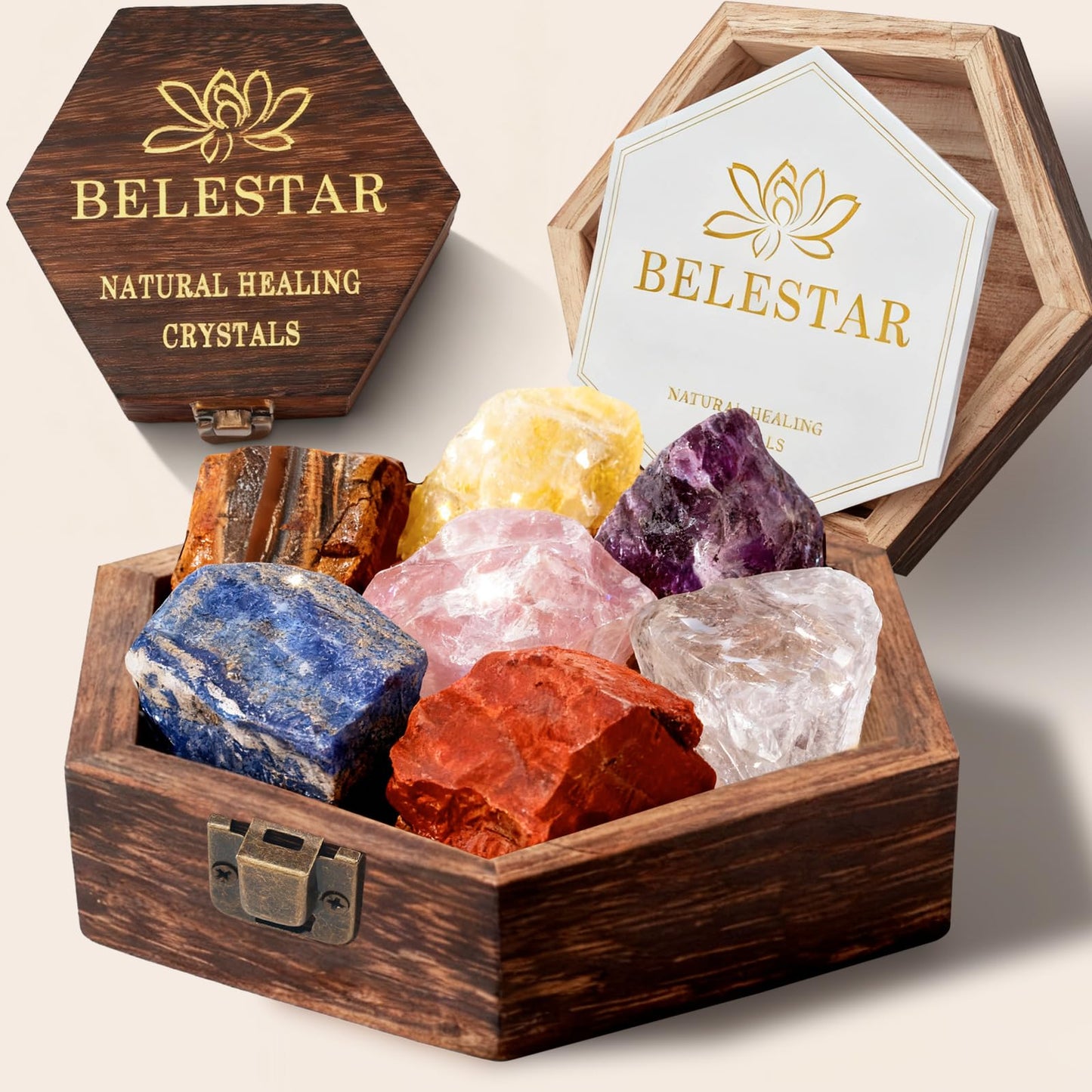 BELESTAR 7 Chakra Healing Crystals Set - Large Raw Stones Energy Alignment Kit with Wooden Gift Box & Guidebook