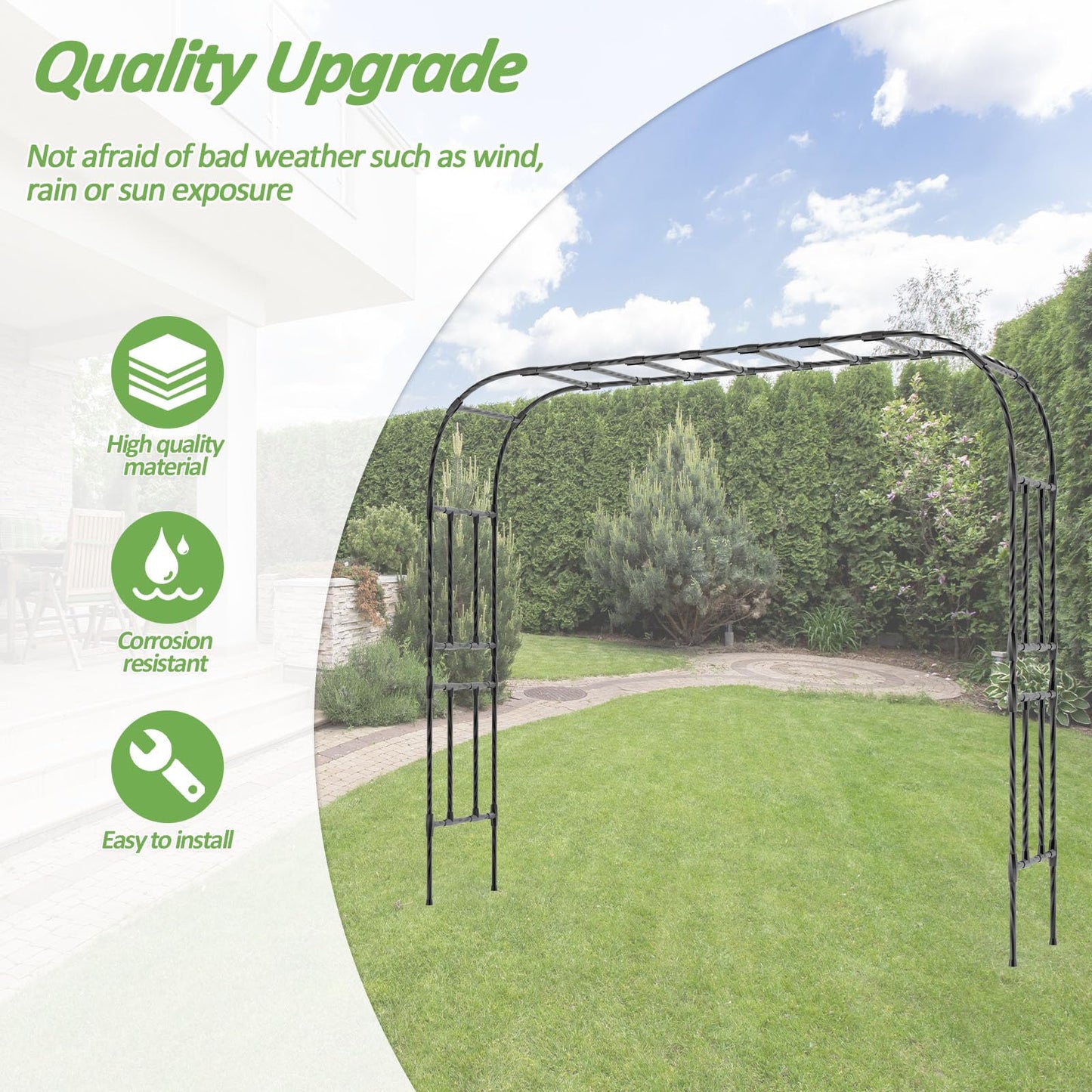 Trellume Thickened Metal Garden Arch-141.7"(L)*94.5"(H),Garden Arch Trellis for Climbing Plants Outdoor, Heavy Duty RustProof Iron Arbor Archway for Backyard, Patio, Lawn and Wedding Decorations