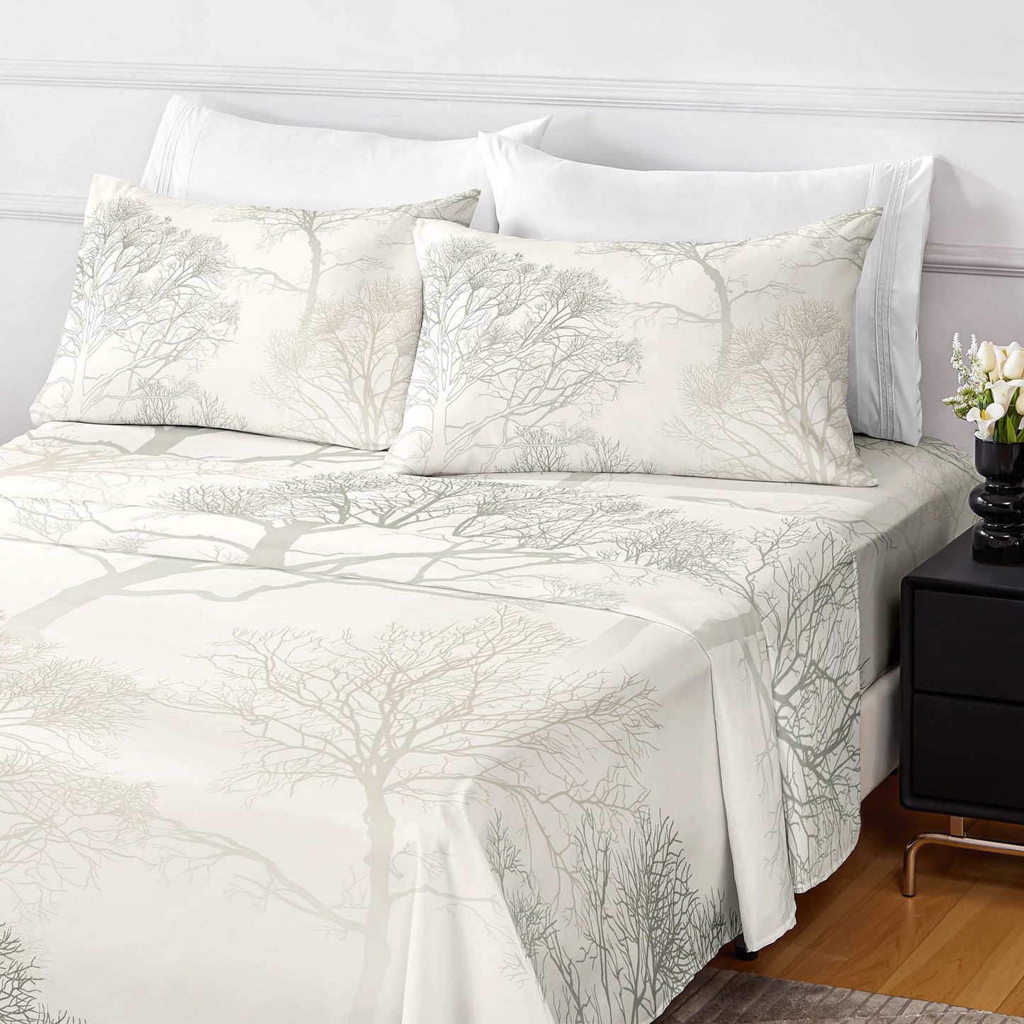 HCORA Floral Queen Sheet Set, Luxury 1800TC Hotel Quality Double Brushed Microfiber Deep Pocket Bed Sheets, Ultra Soft, Breathable and Cooling, 4PC, Queen Size