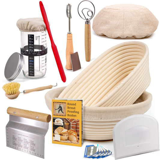 CRISS ELITE Sourdough Bread Baking Supplies Starter Kit, Banneton Proofing Basket 9'' Round and 10” Oval, Sourdough Starter Jar, Scraper, Scoring Lame, Brush, Short Danish Whisk, Gift Set