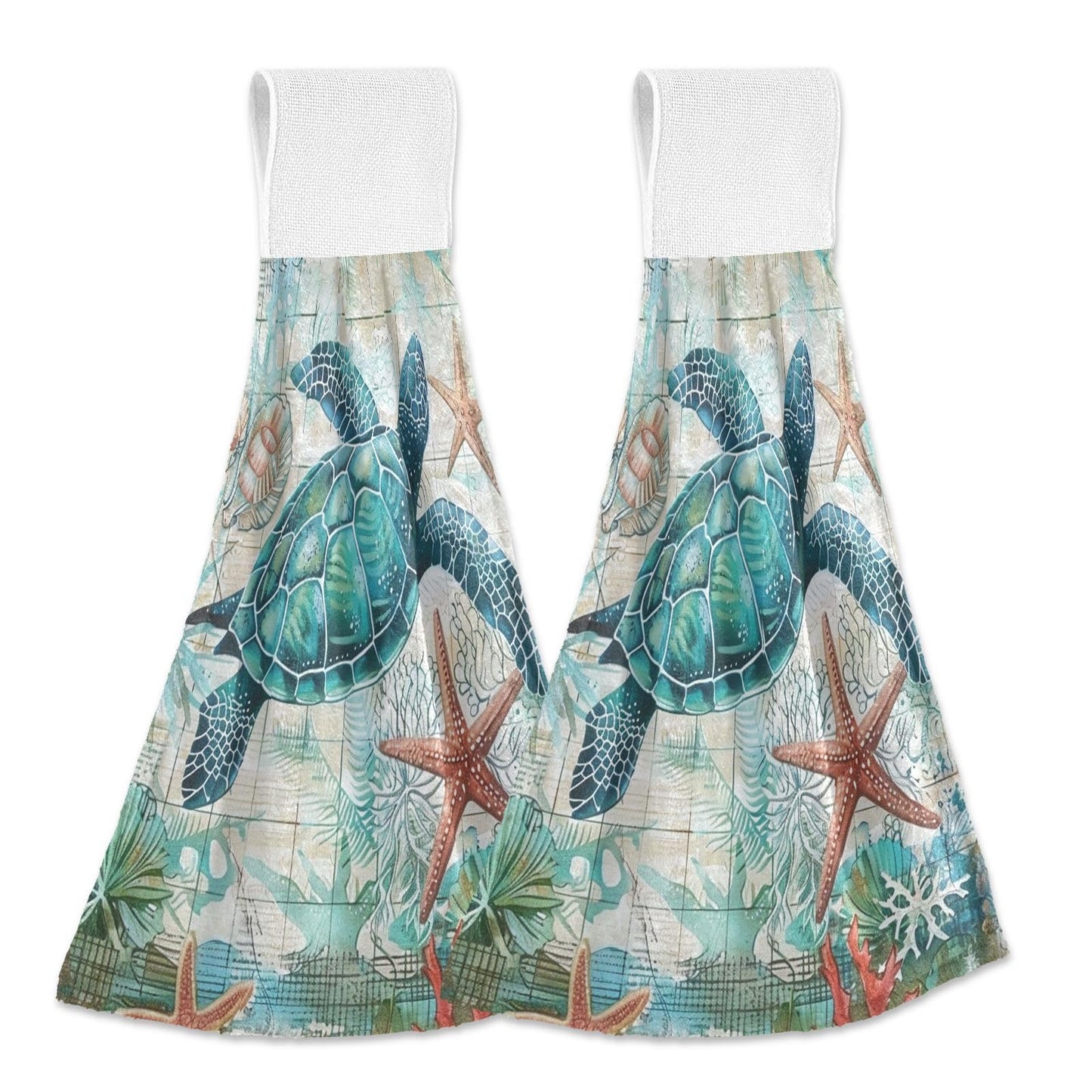 Boccsty Sea Turtle Starfish Fingertip Bath Towels 2 Pcs Tortoise Map Ocean Animal Hanging Hand Bath Towel Tea Bar Towels for Bathroom Farmhouse Tabletop Home Decor