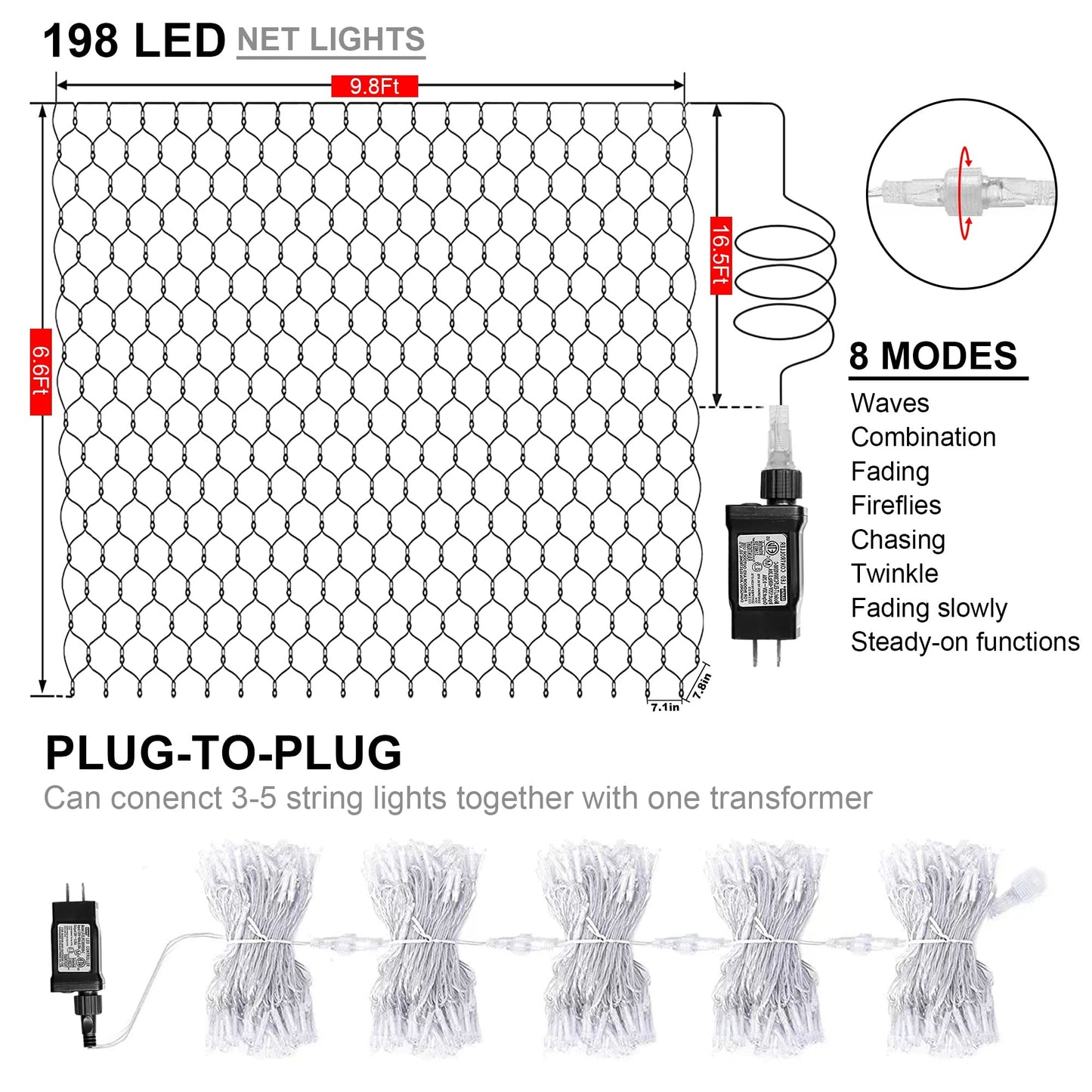 198 LED Christmas Net Lights Plug in, 9.8 FT x 6.6 FT Red Green Waterproof Net Lights Outdoor, 8 Twinkle Modes Mesh Fairy Light for Xmas Tree Bush Garden Ceiling Holiday Decoration