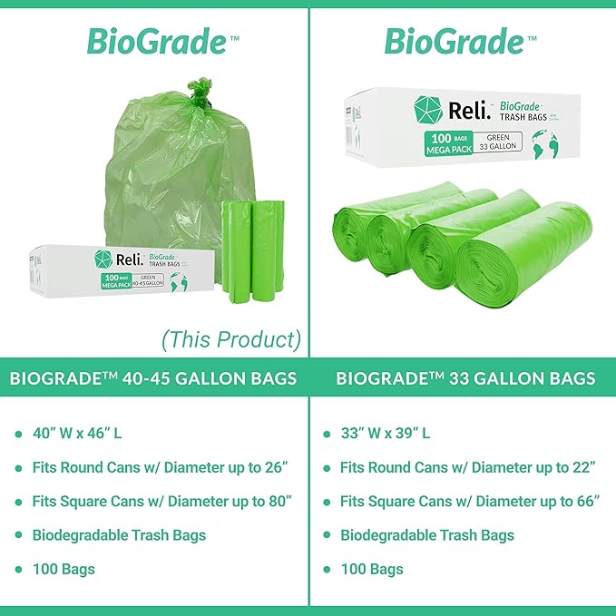 Reli. Biodegradable 40-45 Gallon Trash Bags | 100 Count | ASTM D6954 | Green |