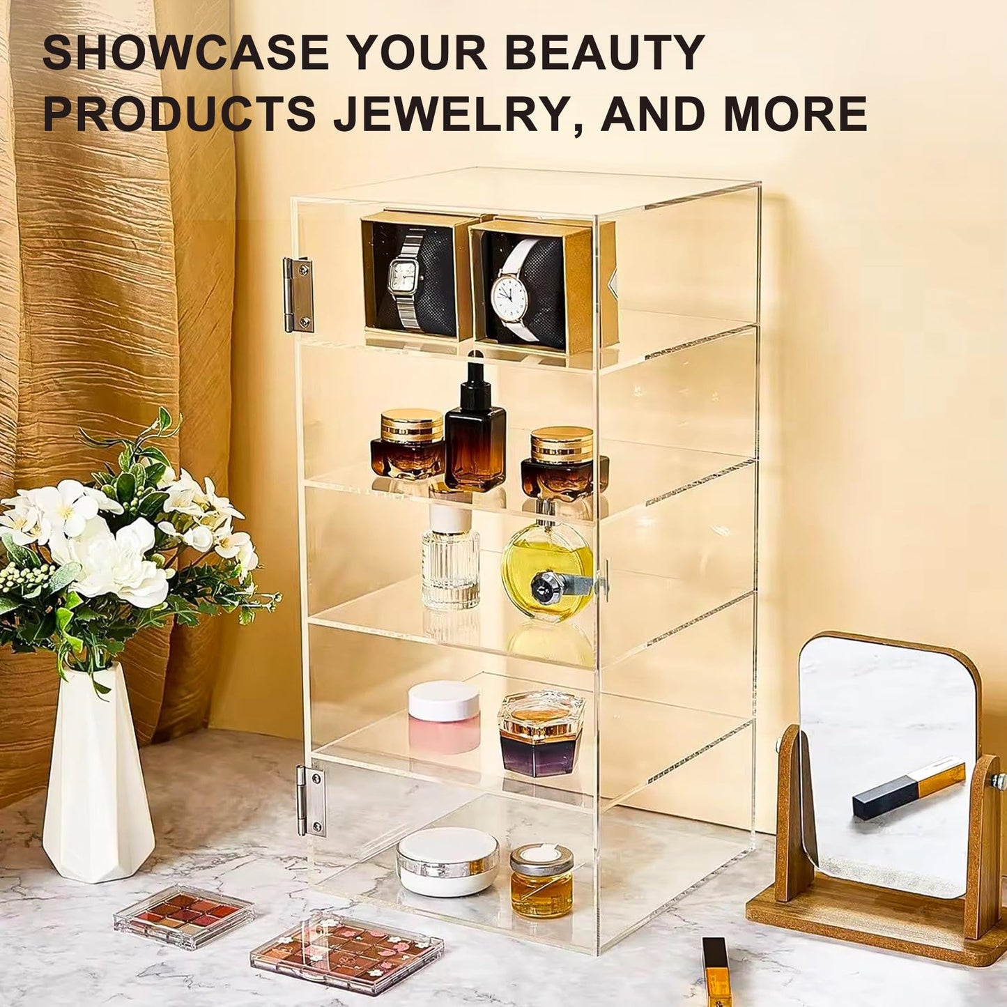 5 Shelf Acrylic Display Case with Lock,Clear Acrylic Box,Retail Display Case for Collectibles,Used to Store Collectibles, Jewelry, valuables, etc.-Safe and Orderly. (Transparent, Layer 5)