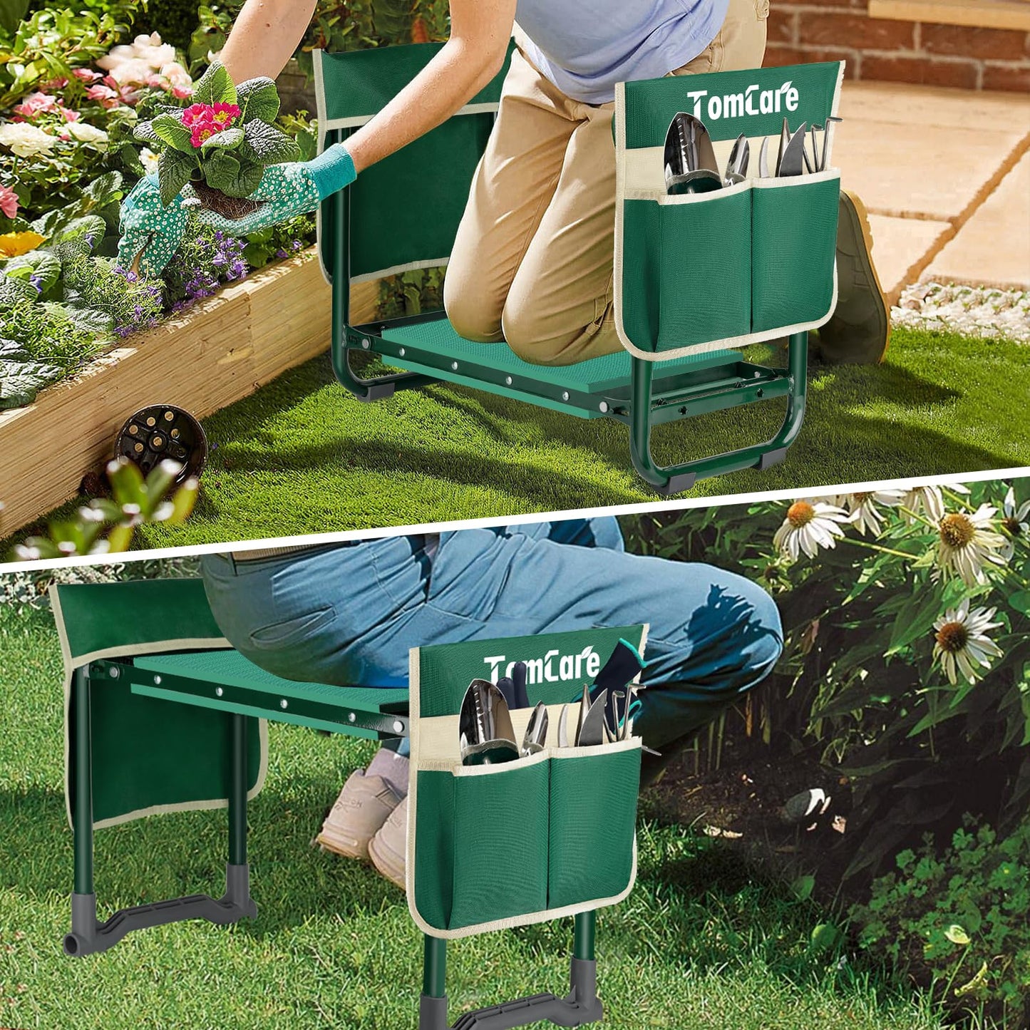 TomCare Garden Kneeler and Seat 10.24” Wide Kneeling Pad Garden Bench with 2 Tool Pouches Heavy Duty Stable Gardening Stool Tools Foldable Gardening Gifts for Women Men Seniors Gardeners, Green