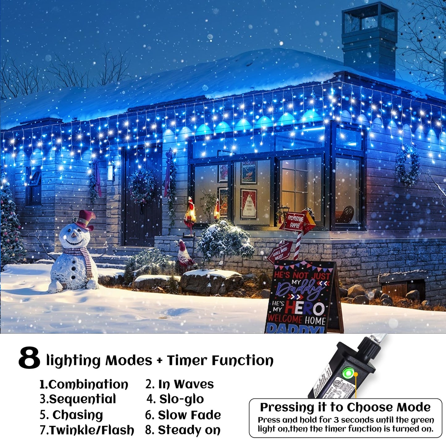 33ft Icicle Lights for Outside, Blue and White Christmas Lights Outdoor Indoor, 400 LED Twinkle String Light with 75 Drops Short Curtain Light for Thanksgiving Room Home Wall Bedroom Window Decoration