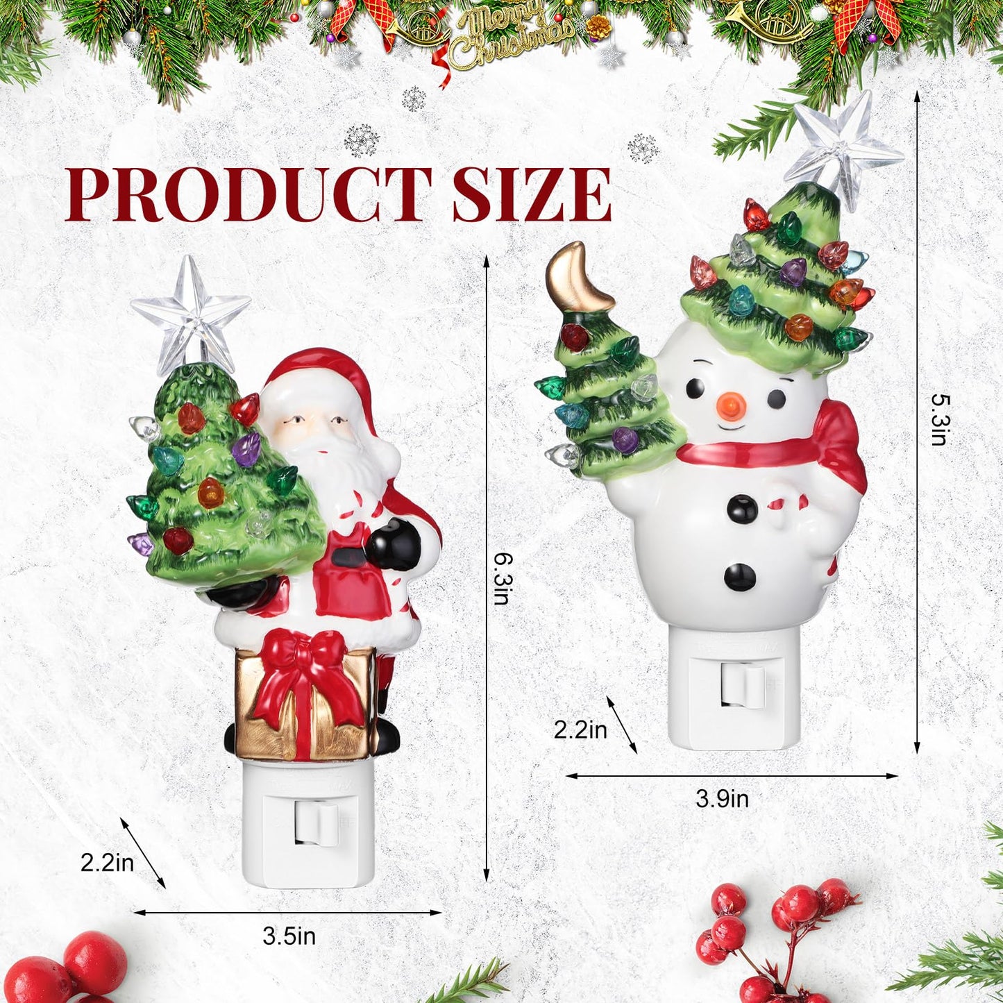 Wettal 2 Pack Christmas Decoration Night Light Plug Ceramic Santa Snowman Night Light with Switch LED for Christmas Gift Holiday Decor Home Room Fireplace Office