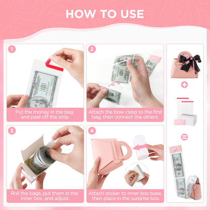 Vane Oak Money Pull Box for Cash, Surprise Money Boxes with Ribbon Leather Mini Bags with 30 Pcs Transparent Bags for Birthday Party Christmas (Pink)