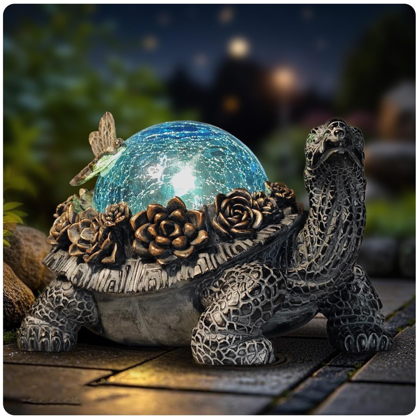 Vlyrofea Outdoor Turtle Statue – Resin Animal Figurine with Blue Crystal Solar Lights,Golden Succulent Accents & Dragonfly Decor, Cute Garden Ornament, Yard Art for Lawn, Patio,Mom Wife Unique Gifts