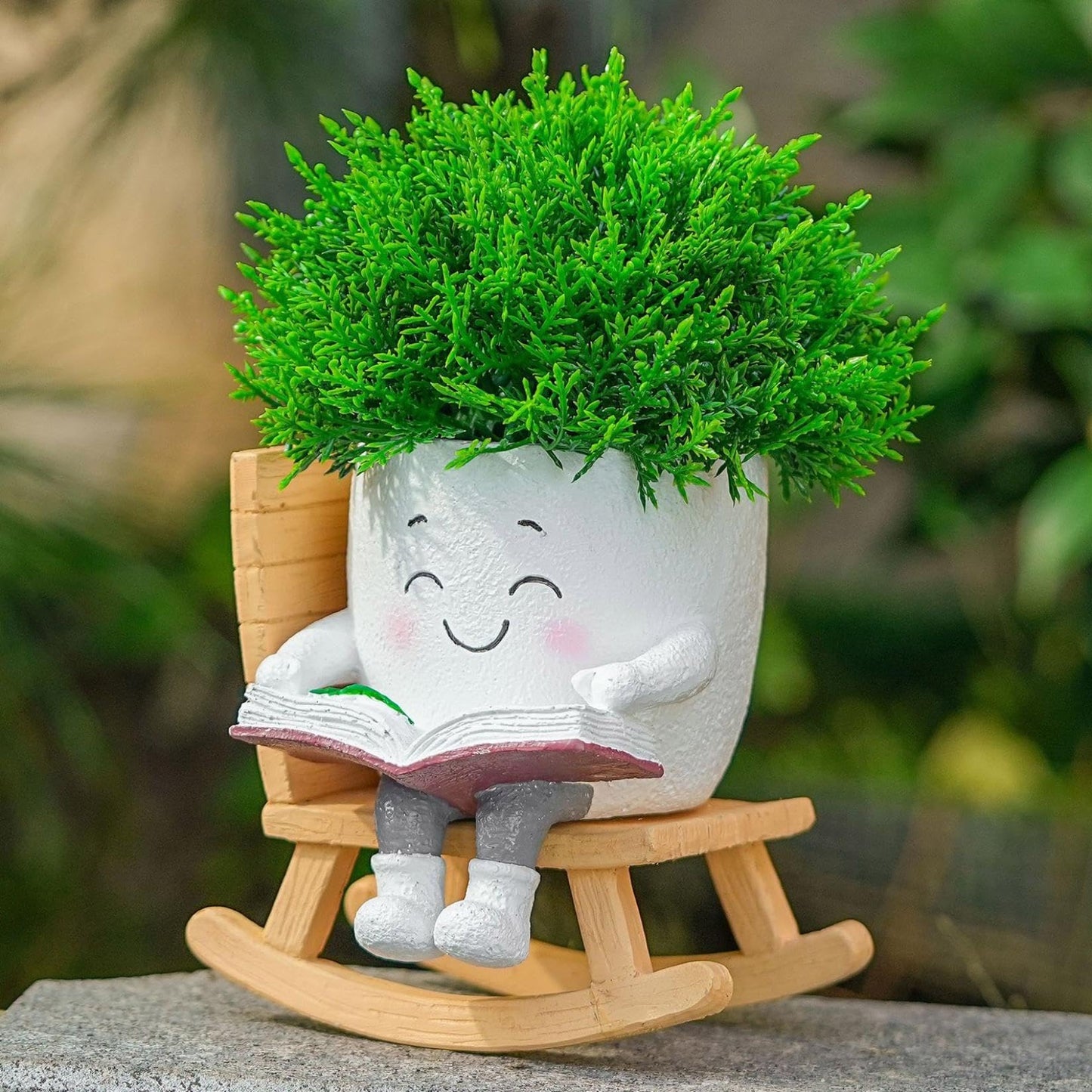 Rocking Chair Smily Face Planter with Drainage Hole, Small Plants Resin Succulent Planter Indoor Outdoor Decor for Desk Balcony Garden (White B)
