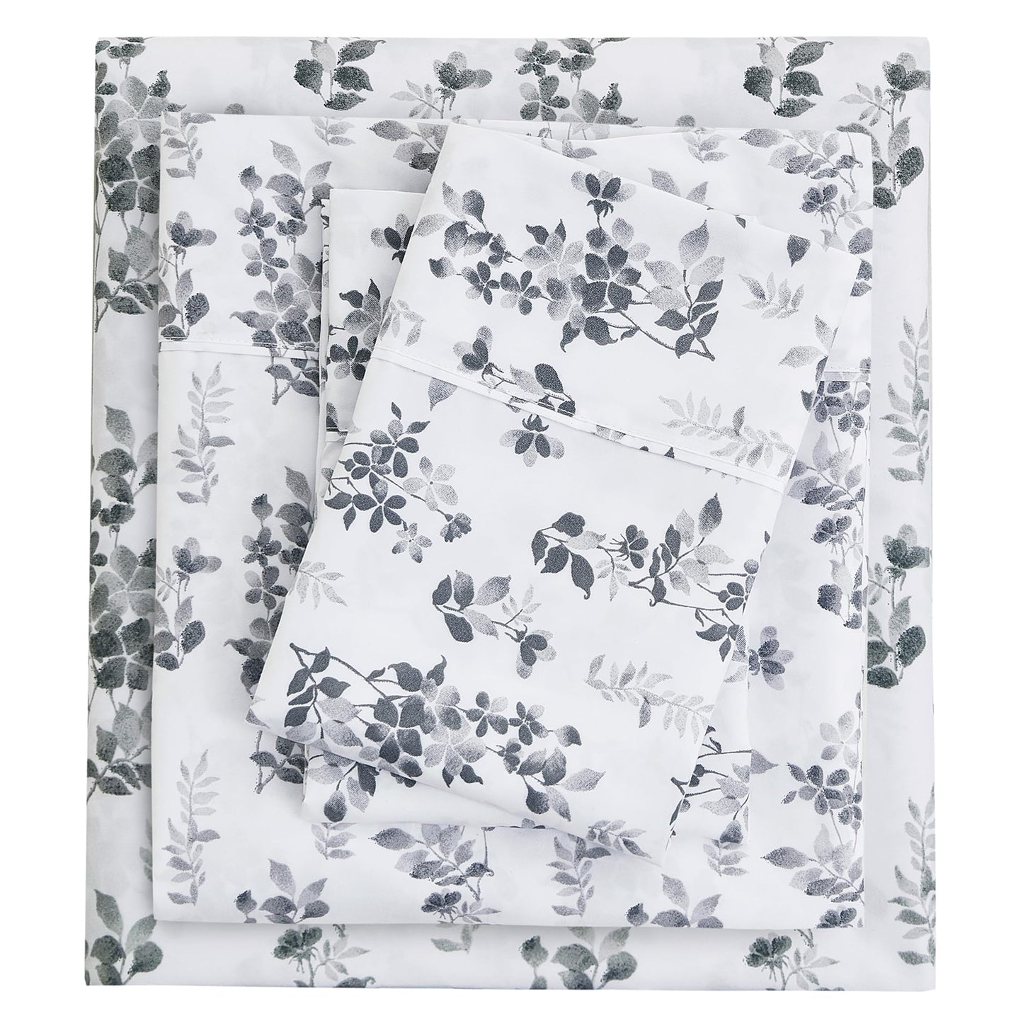 Mooreeke Cozy Vintage Microfiber Printed Queen Sheet Set - Soft Breathable Percale Cotton Floral Bed Sheets with Deep Pocket - Non-Slip Fitted Design - Gradient Grey Small Flowers Pattern