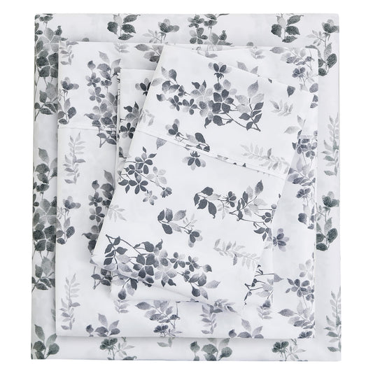 Mooreeke Cozy Vintage Microfiber Printed Twin Sheet Set - Soft Breathable Floral Bed Sheets with Deep Pocket - Non-Slip Fitted Design - Gradient Grey Small Flowers Pattern