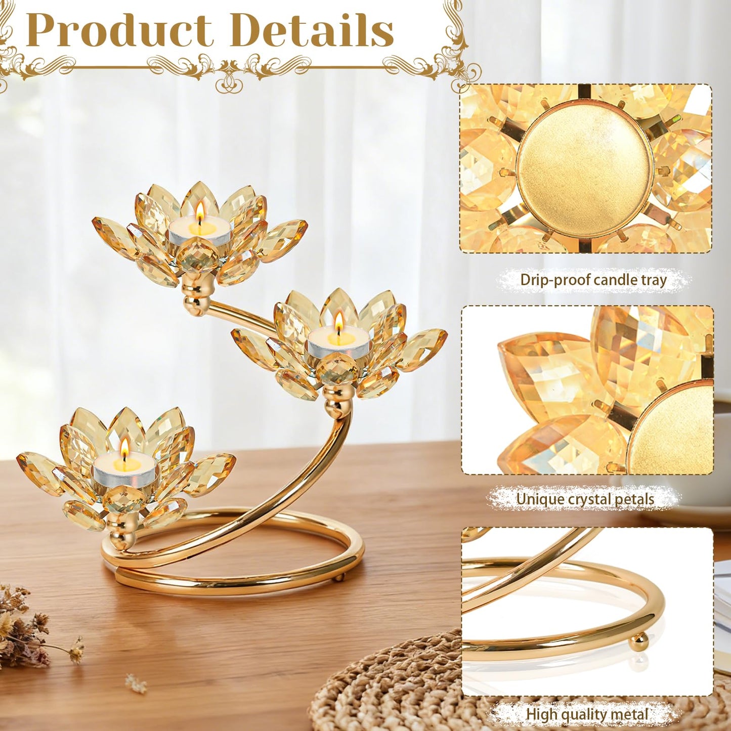 Kehail Gold 1 Pc Crystal Flower Shaped Candle Holder Set, 3-Arm Metal Votive Tea Light Candlestick for Table Centerpiece, Home Wedding Party Anniversary Decor