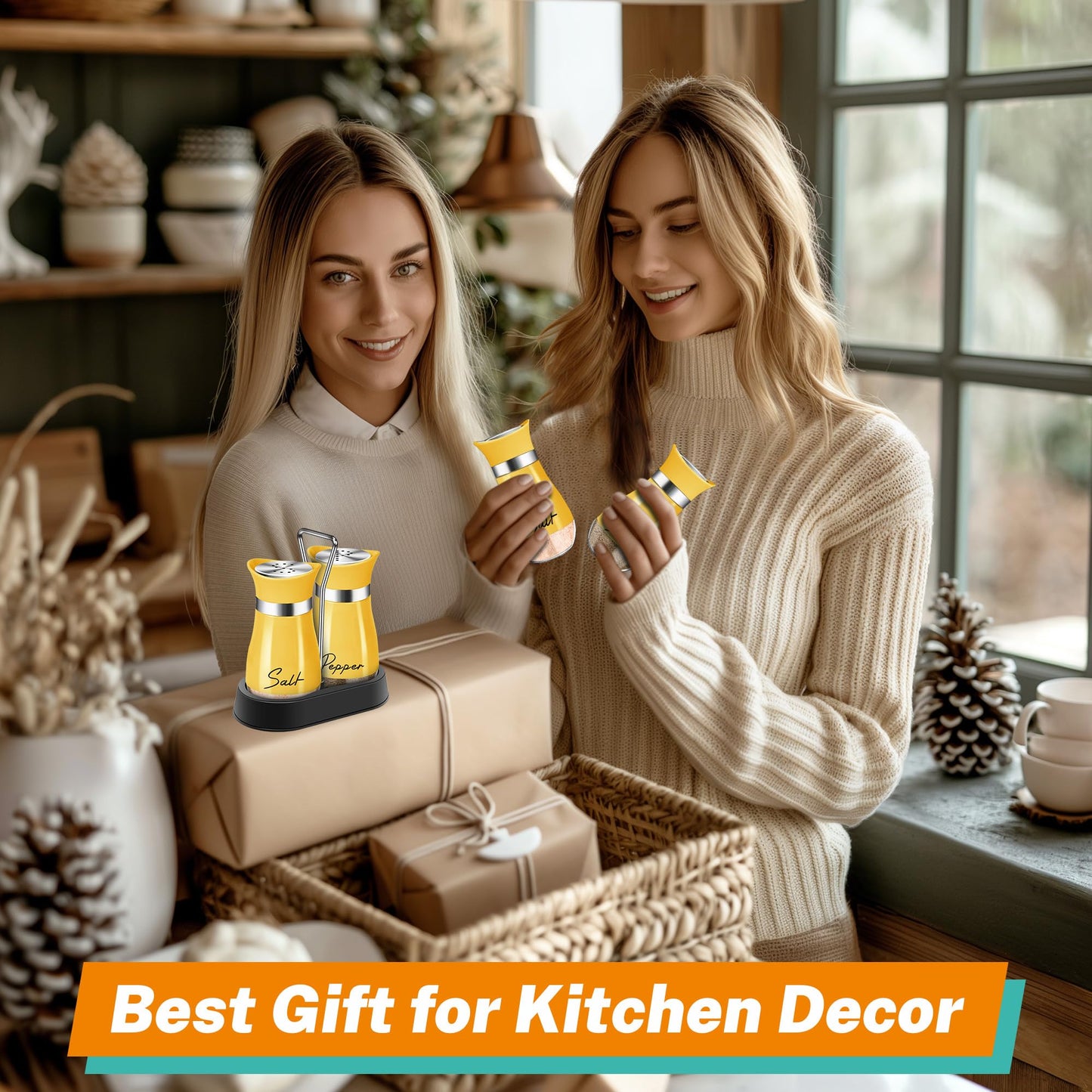 Yellow Salt and Pepper Shakers Set with Holder,4 oz Cute Kitchen Decor and Accessories Farmhouse Gadgets Table Housewarming Gift Thanksgiving Christmas Decor Refillable Design (Yellow)