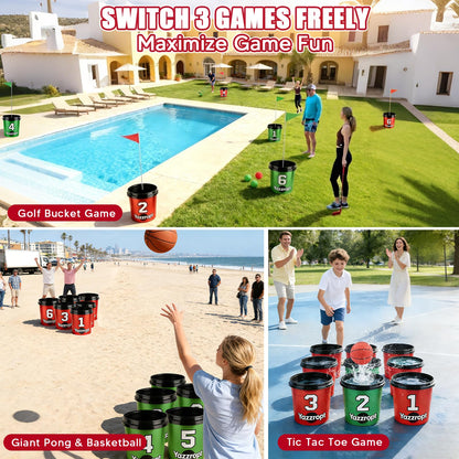 Yazzropt Giant 3-in-1 Outdoor Backyard Party Game Set – Bucket Golf, Yard Pong Basketball & Toss Games – Large Outdoor/Indoor Lawn Games for Adults & Families, Beach & Camping
