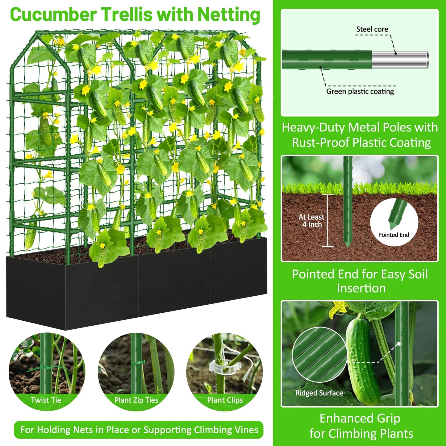 Sunwinx 50x65 Inch Cucumber Trellis for Raised Beds with Grow Bag, V-Frame Metal Plant Garden Trellis for Climbing Plants Outdoor with Climbing Net for Tomato Vegetable Grape Vine Bean Pea Squash
