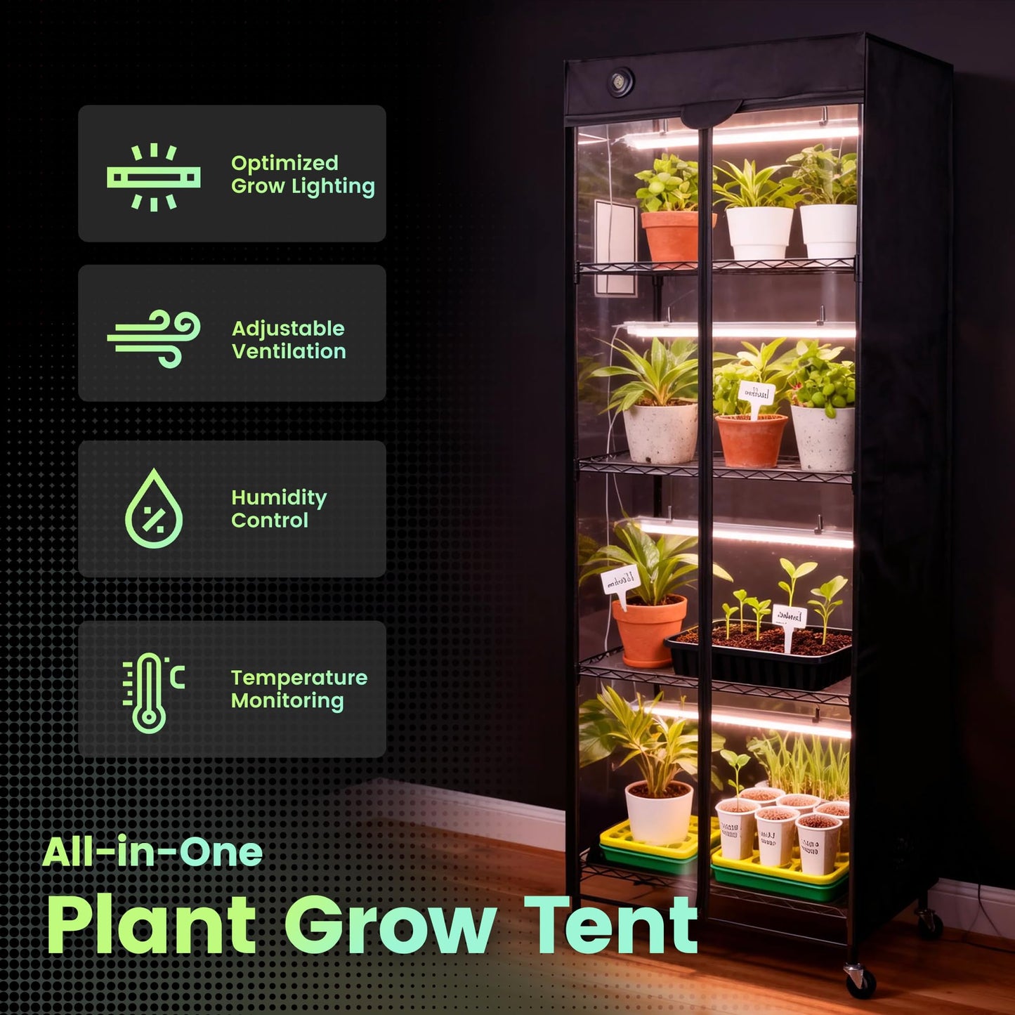 WORTH Mini Greenhouse with 18W T8 Grow Lights & Thermo-Hygrometer 27"x15"x70" Smart Indoor Grow Tent with Black Oxford Fabric Cover Plant Stand with Casters & Ventilation Flaps for Seed Starting