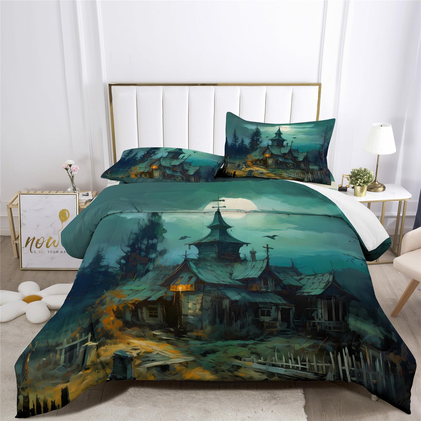 Halloween Ghost Haunted House Design Comforter Set | Horror Festive Night Spooky Manor Prints Bedding Set | with Soft Comforter+2 Pillow Shams(3PCS) or Sheet (4PCS) (A,Queen-4PCS)