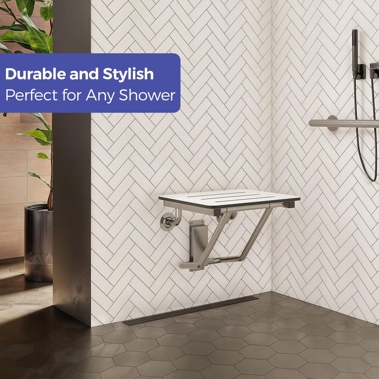 Stardrix 18" x 16" ADA Compliant Phenolic White Folding Shower Seat Bench, Wall Mount Foldable Bathroom Shower Chair with Stainless Steel Support, 400 lbs Capacity