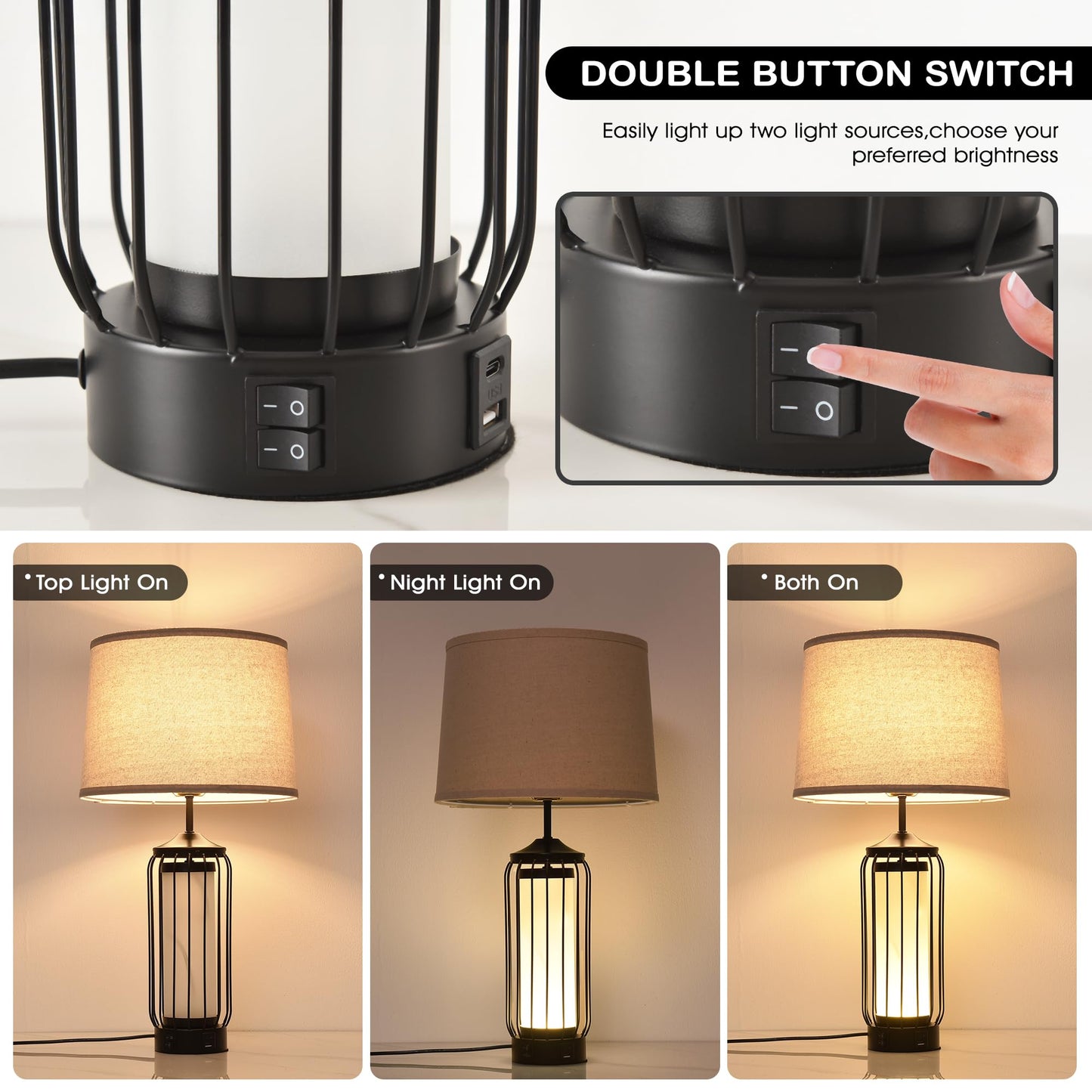 WELAISA-2 Pack Farmhouse Table Lamps for Living Room, Rustic Nightstand Lamp for Bedroom with USB A+C Charging Ports, Frosted Glass Bedside Lamp with Night Light for Entryway End Table