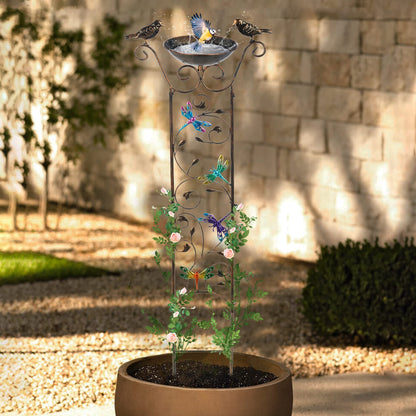 SUNNYPARK Bird Bath with Trellis Outdoor, Antique Garden Iron Plant Trellis with Decorative Dragonfly Detachable Bird Bath Bowl Metal Potted Plant Support for Climbing Flowers