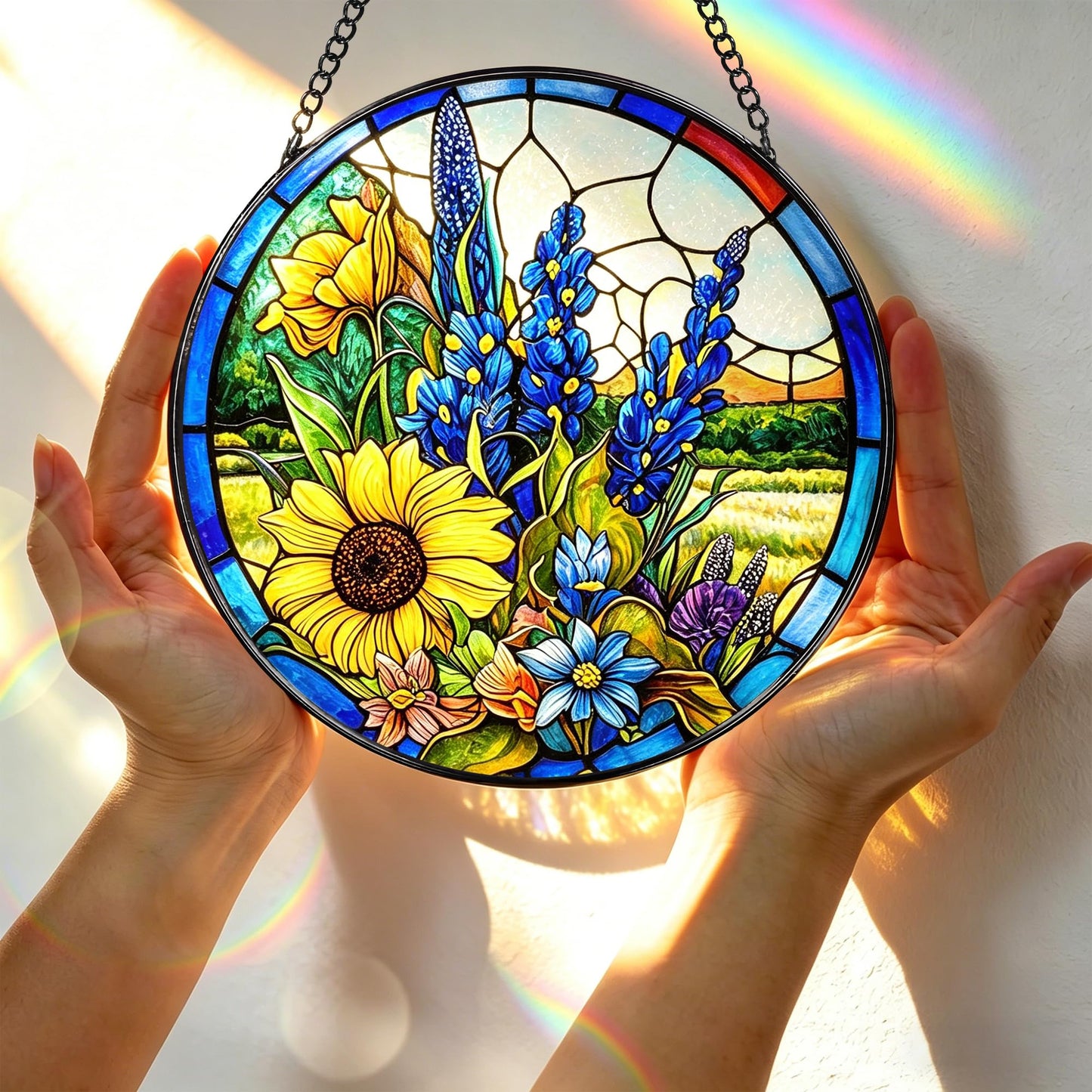 Stained Glass Window Hanging, 7.8 Inch Texas Bluebonnet Flowers and Sunflowers Stained Glass Suncatcher for Window, Door, Home Decor, Sun Catchers for Indoor Windows, Gifts for Women, Mom, Grandma