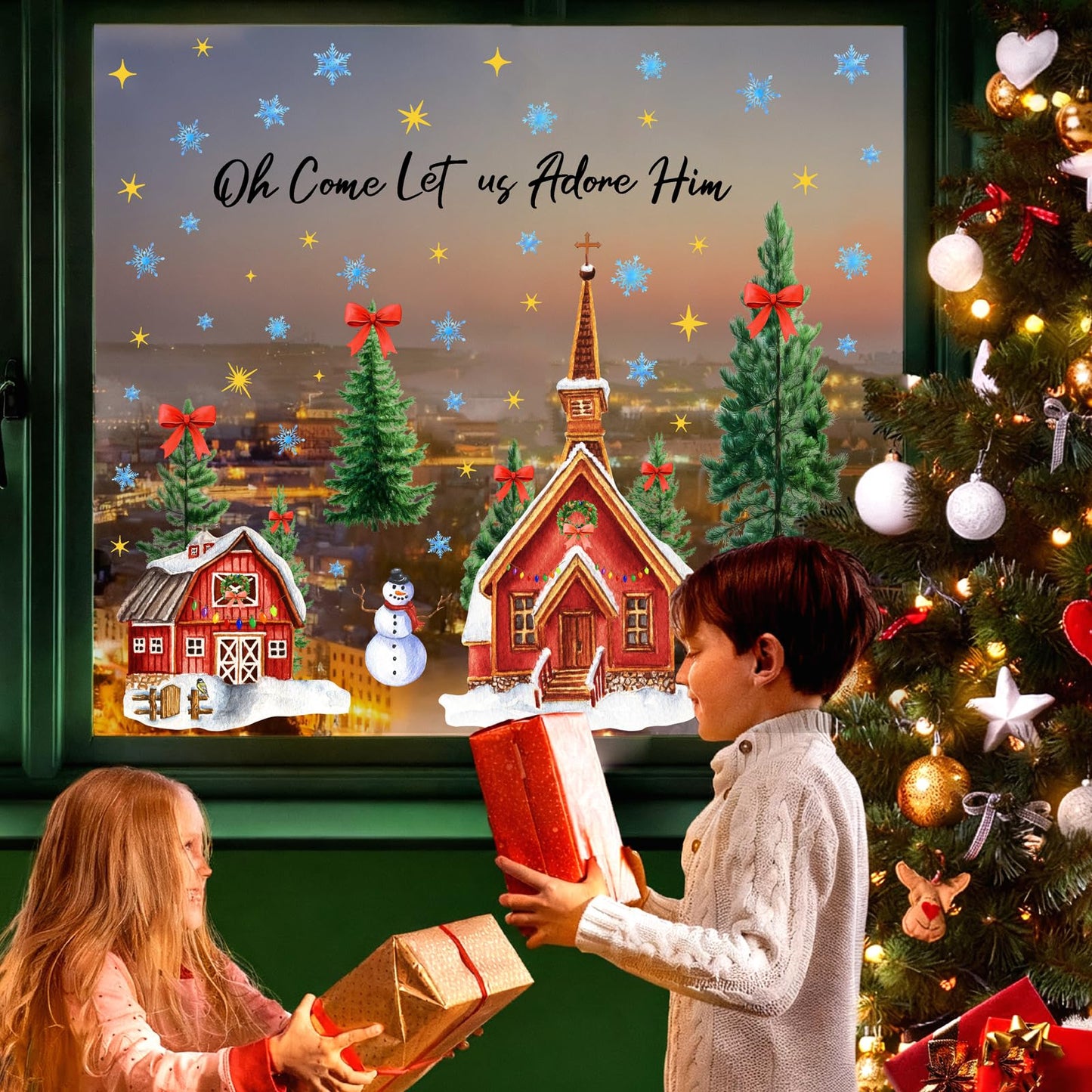 Large Christmas House Wall Stickers Christmas Pine Tree Window Wall Decals Winter Snowflake Snowman Tree House Window Stickers Holiday Windows Decals Removable Xmas Party Decorations
