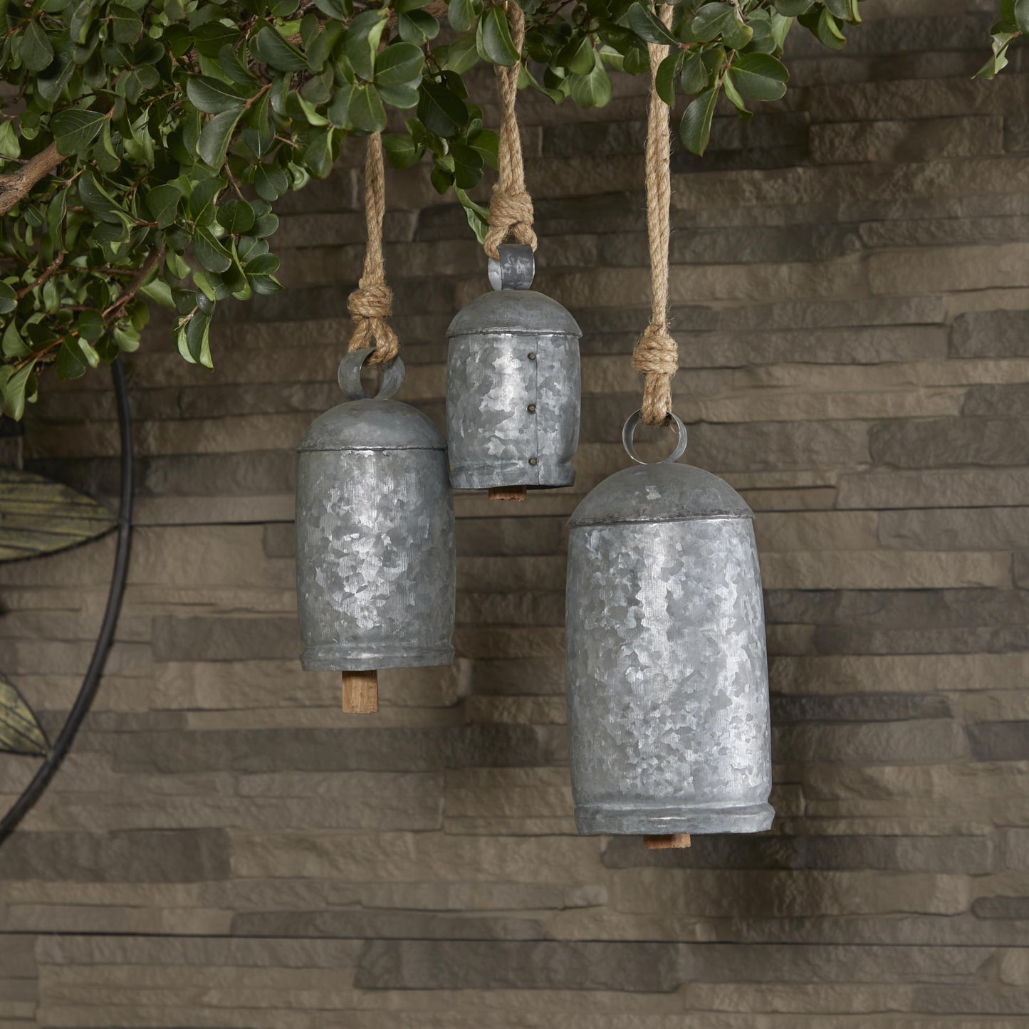 Deco 79 Metal Indoor Outdoor Decorative Cow Bells Tibetan Inspired Meditation Bell with Jute Hanging Rope, Set of 3 Cow Bell 10", 7", 5"H, Silver