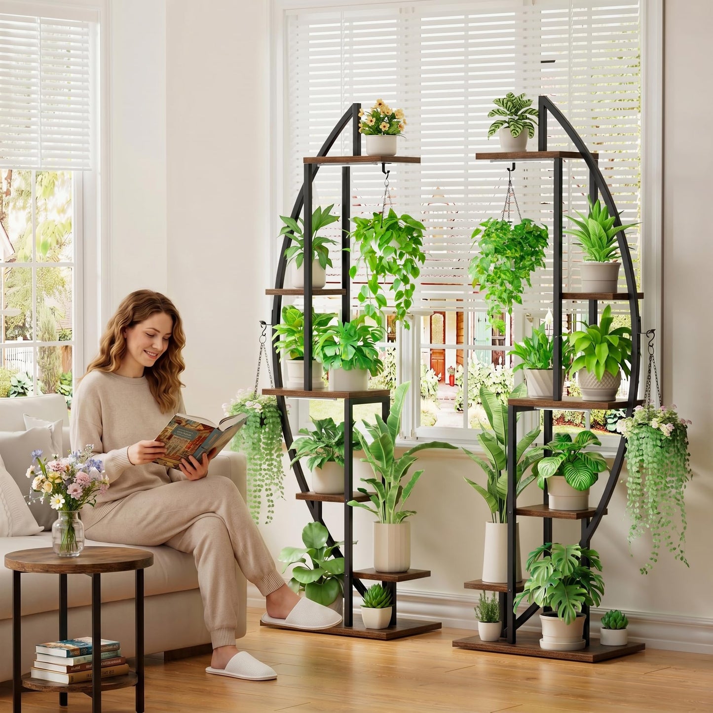BACEKOLL Plant Stand Indoor with Grow Lights, 6 Tiered Tall Plant Shelf, 63" Metal Plant Stand for Indoor Plants Multiple, Half-Moon Plant Rack Display Shelf, 2 Pcs Plant Holder for Living Room, Patio