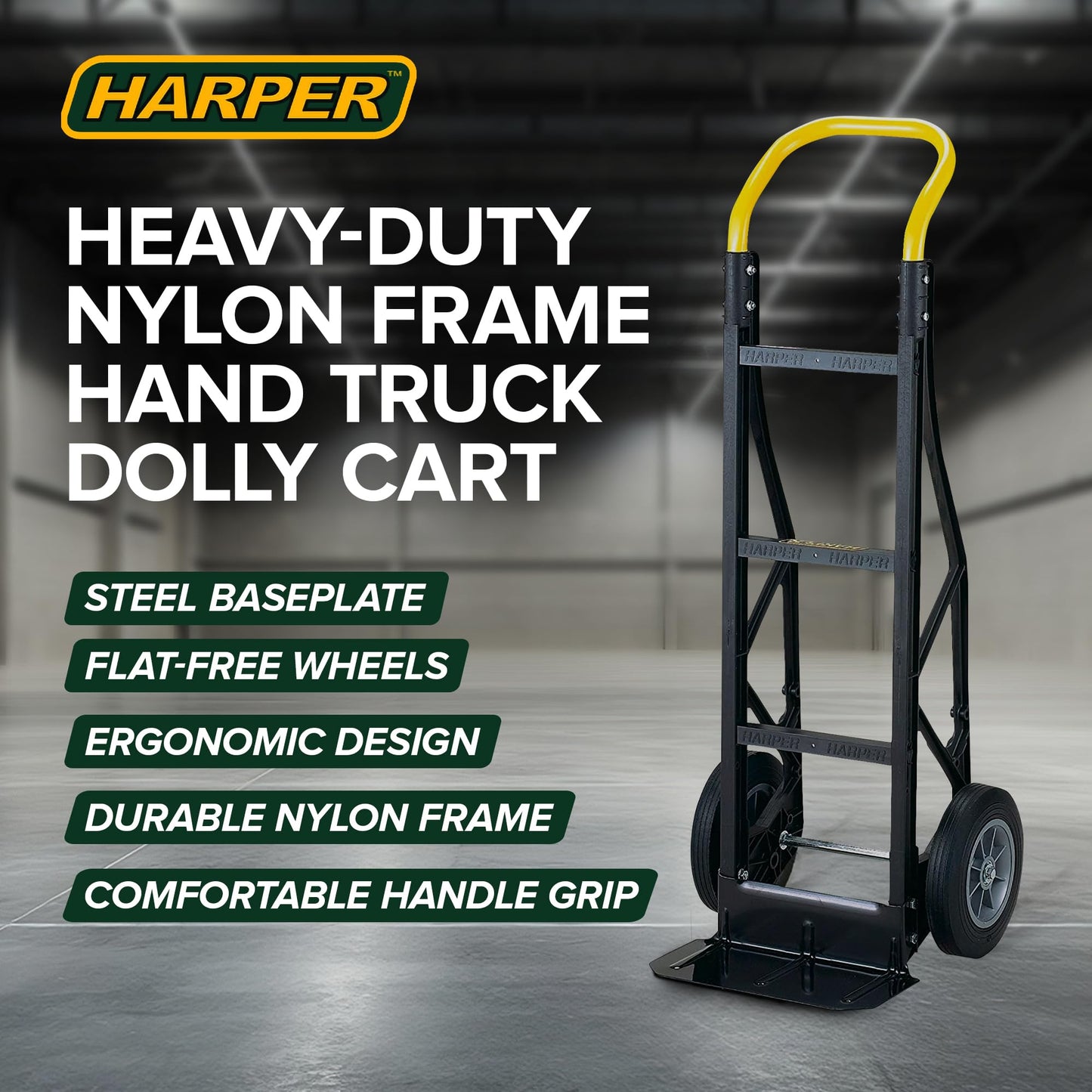 Harper Trucks Flat Free 600 Pound Capacity Heavy-Duty Nylon Frame Hand Truck Dolly Cart with Steel Handle for Warehouses, Offices & Construction Site