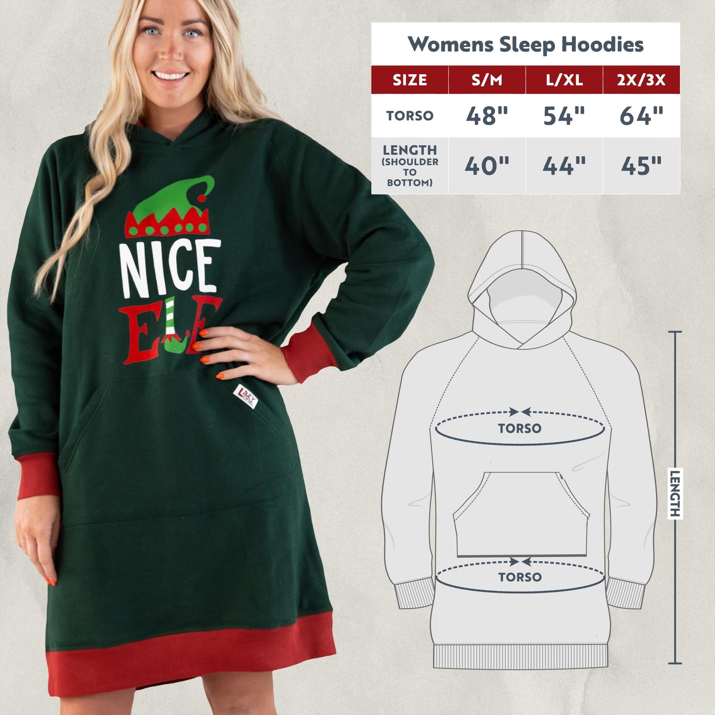 Lazy One Oversized Hoodie Sweatshirt, Comfortable Loungewear, Christmas (Nice Elf, L/XL)